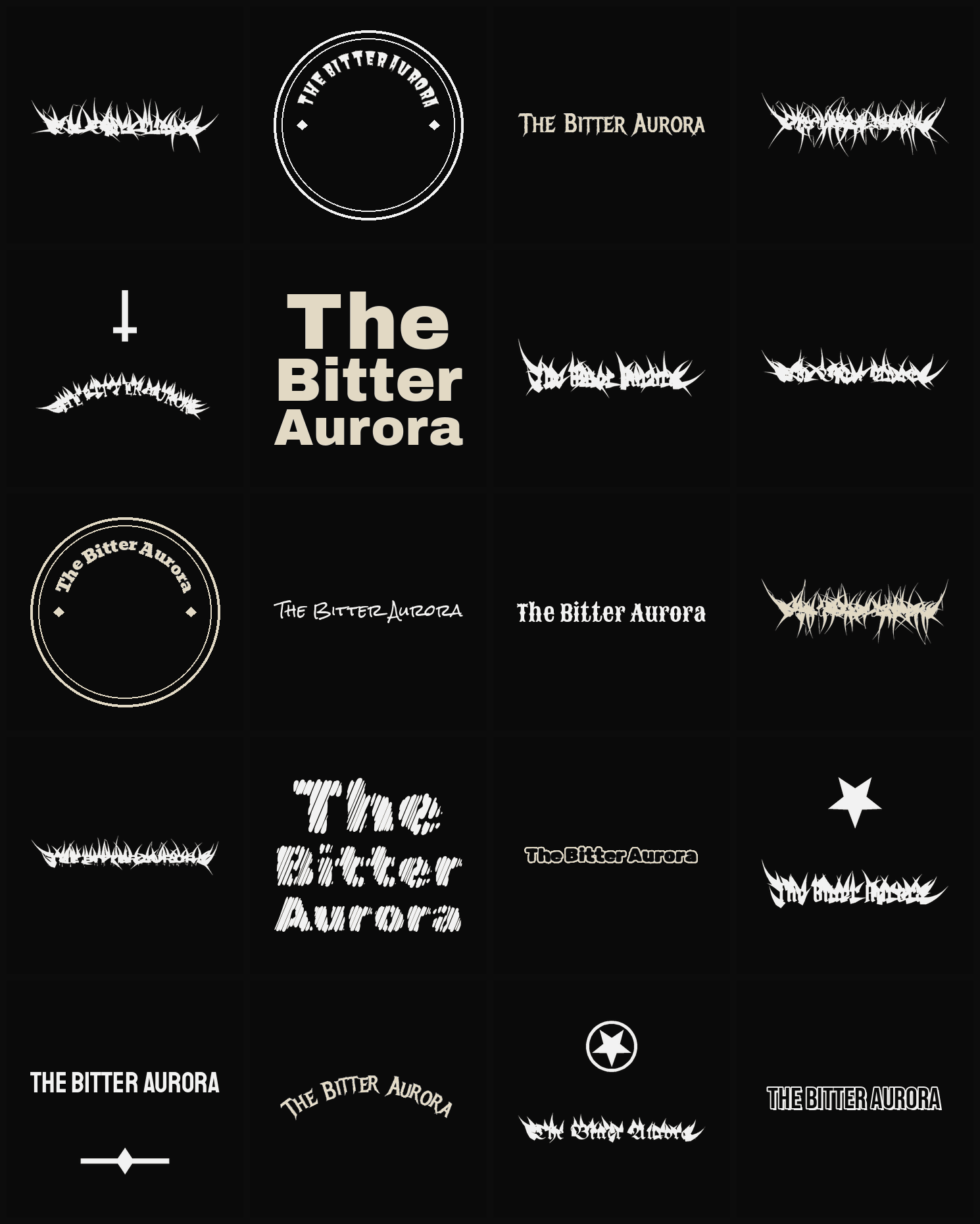 Twenty The Bitter Aurora band logo ideas — different faces, treatments and spike settings