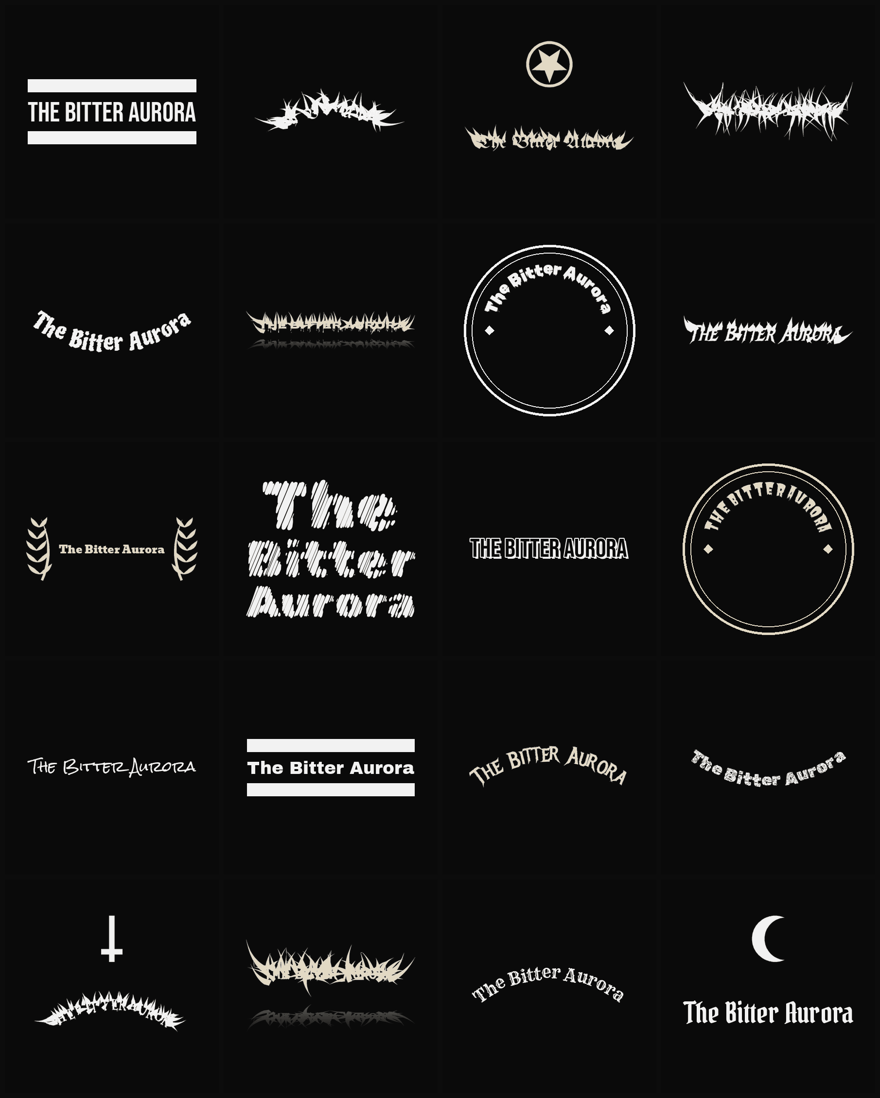 Twenty The Bitter Aurora band logo ideas — different faces, treatments and spike settings