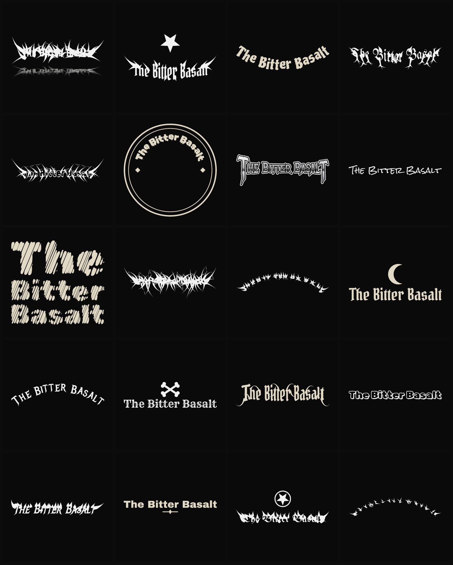 Twenty The Bitter Basalt band logo ideas — different faces, treatments and spike settings