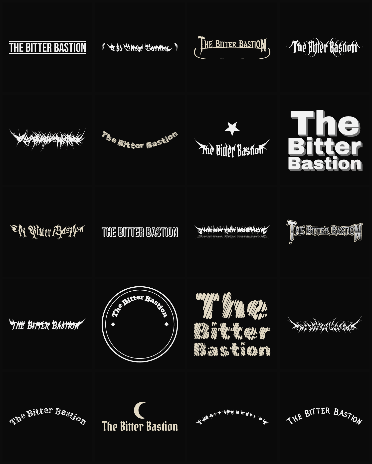 Twenty The Bitter Bastion band logo ideas — different faces, treatments and spike settings