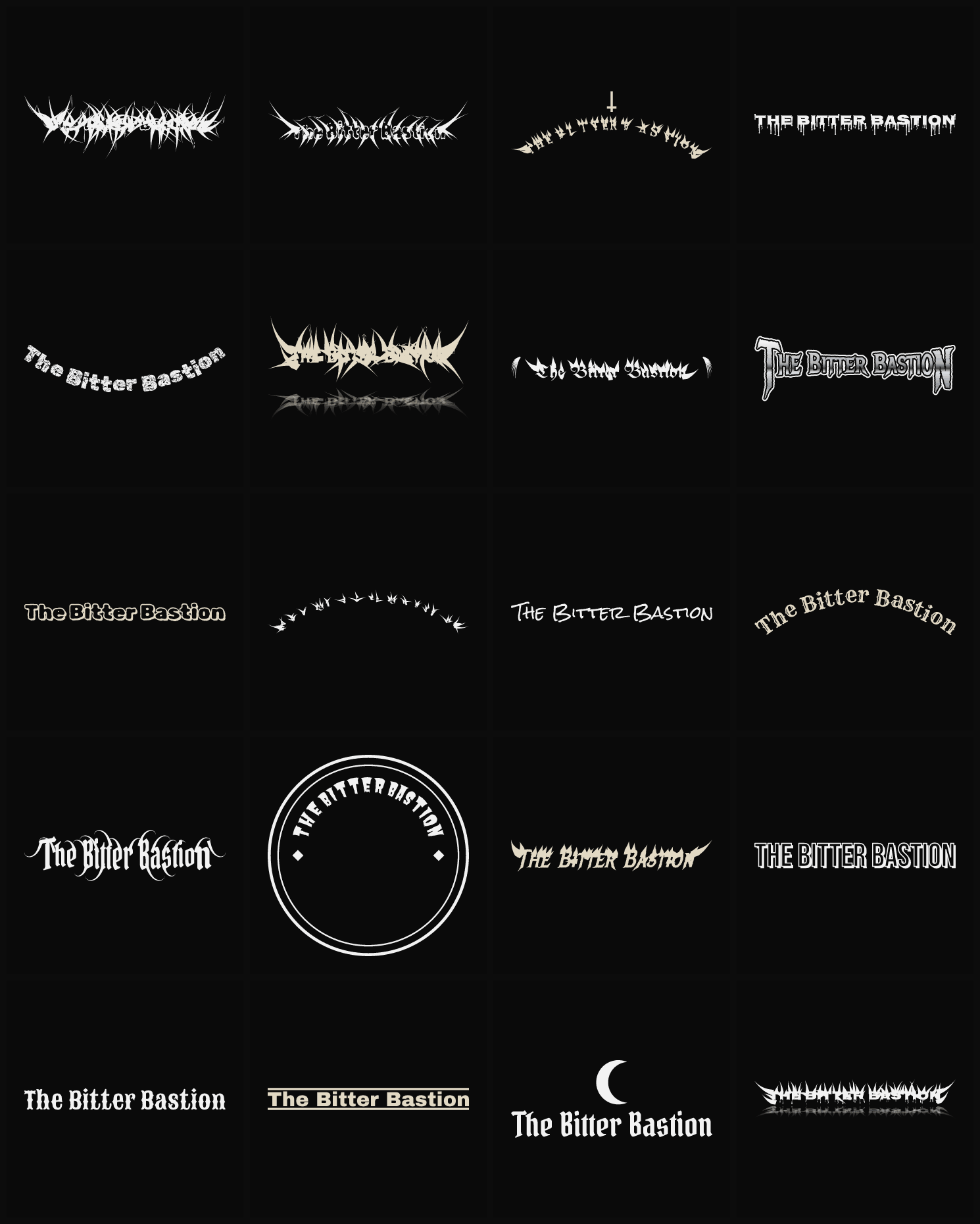 Twenty The Bitter Bastion band logo ideas — different faces, treatments and spike settings