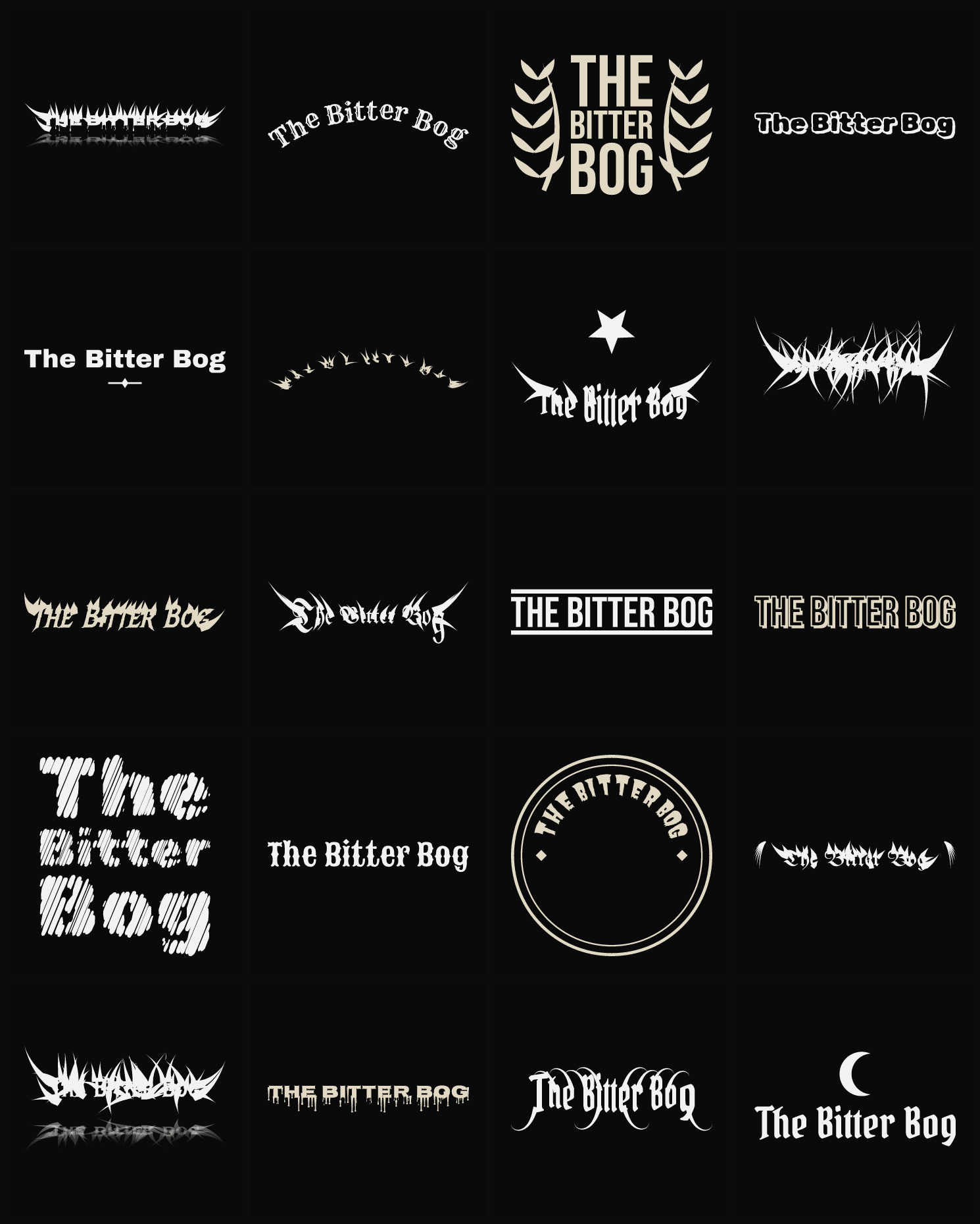 Twenty The Bitter Bog band logo ideas — different faces, treatments and spike settings