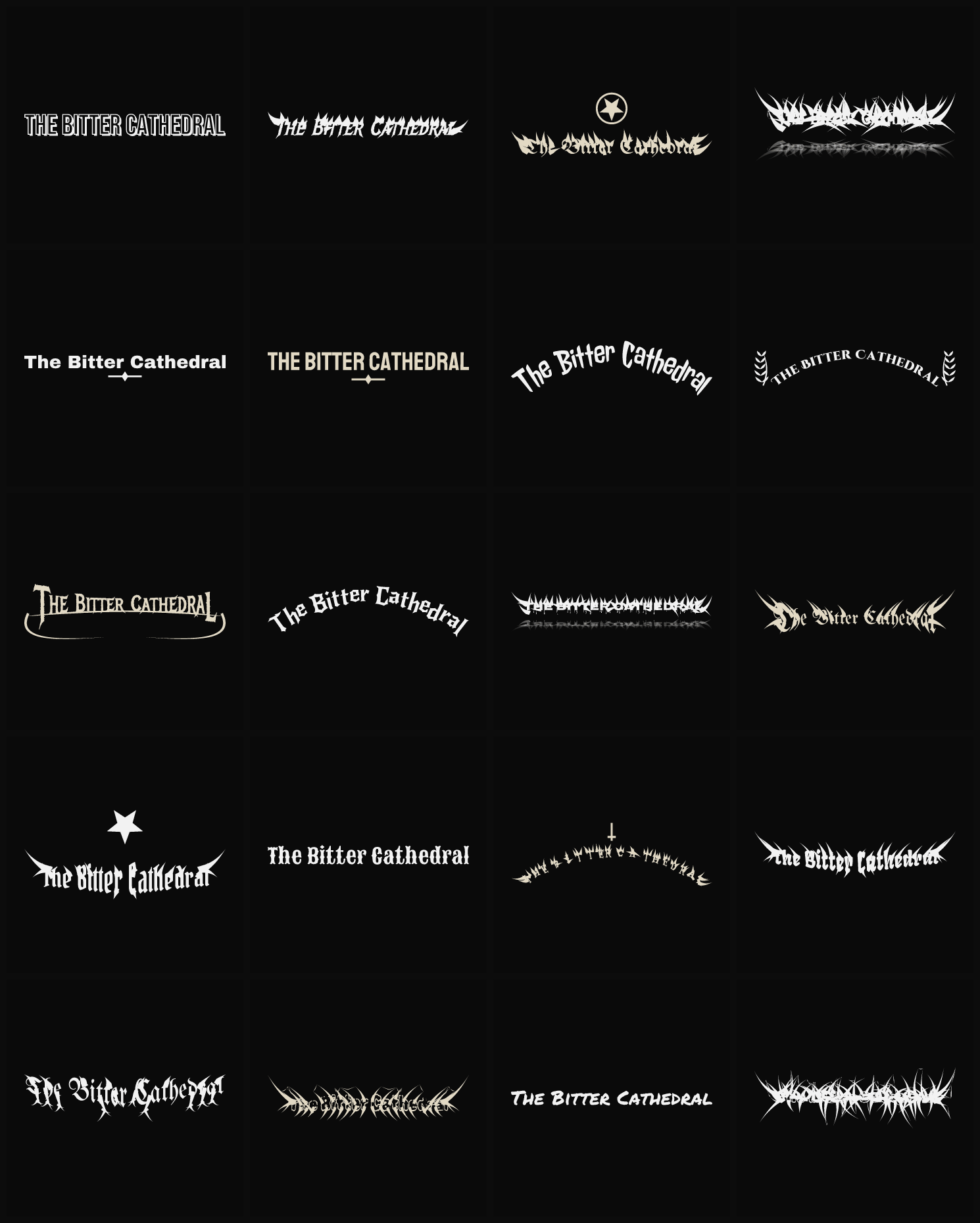 Twenty The Bitter Cathedral band logo ideas — different faces, treatments and spike settings