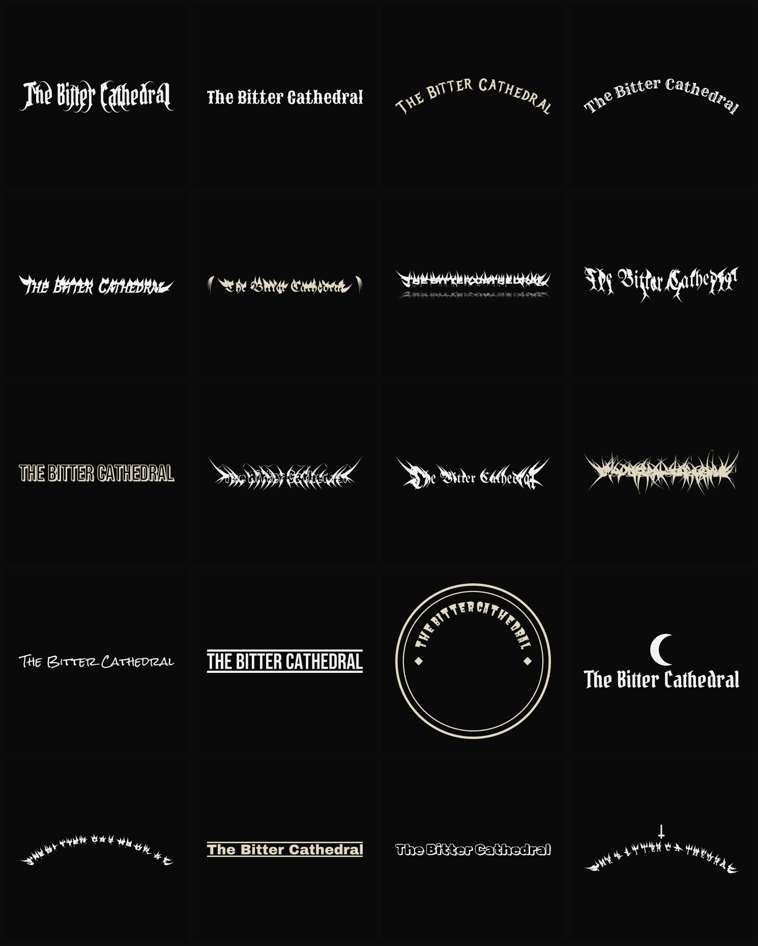 Twenty The Bitter Cathedral band logo ideas — different faces, treatments and spike settings