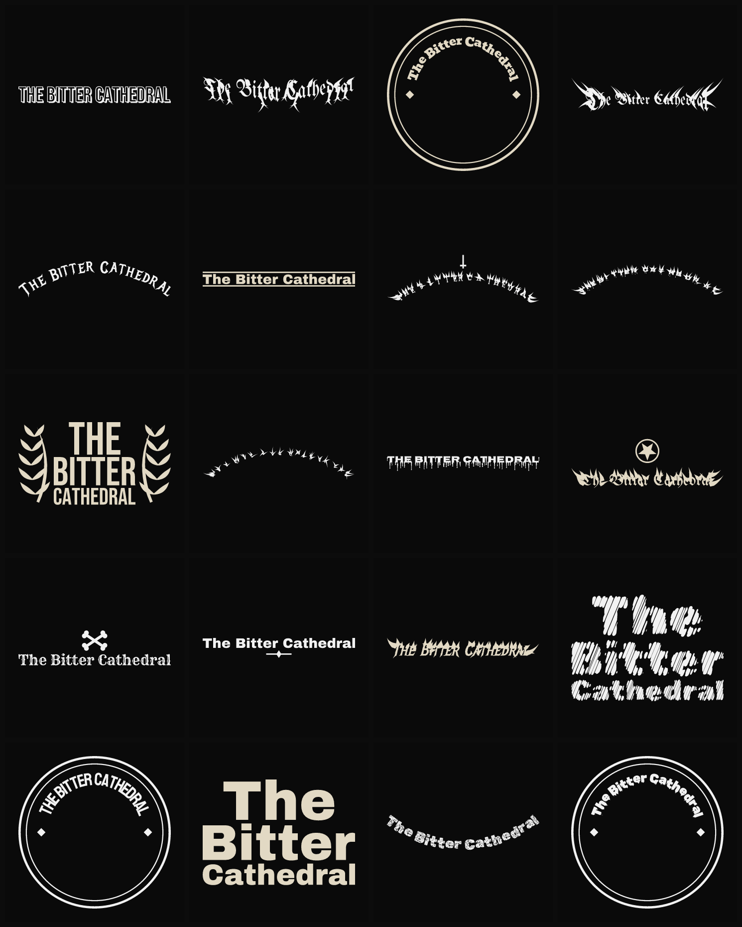 Twenty The Bitter Cathedral band logo ideas — different faces, treatments and spike settings