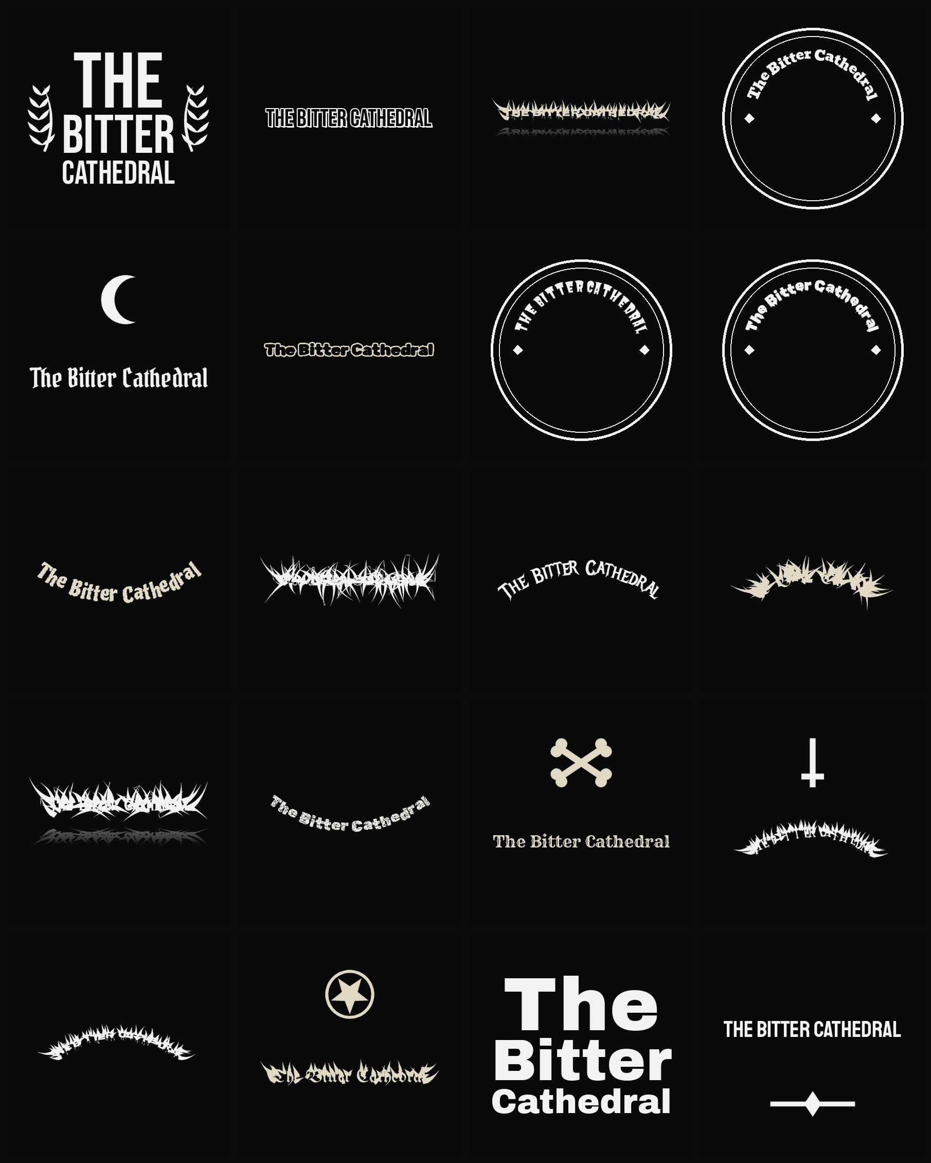 Twenty The Bitter Cathedral band logo ideas — different faces, treatments and spike settings