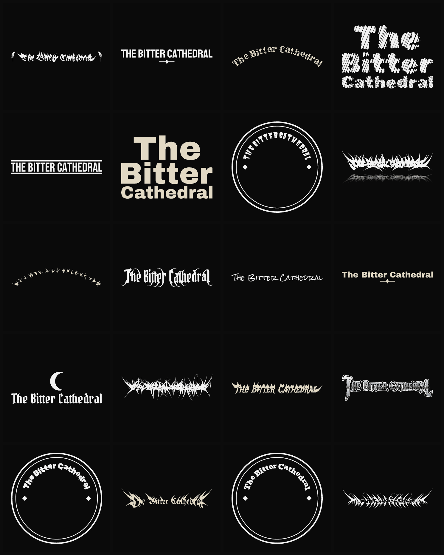 Twenty The Bitter Cathedral band logo ideas — different faces, treatments and spike settings