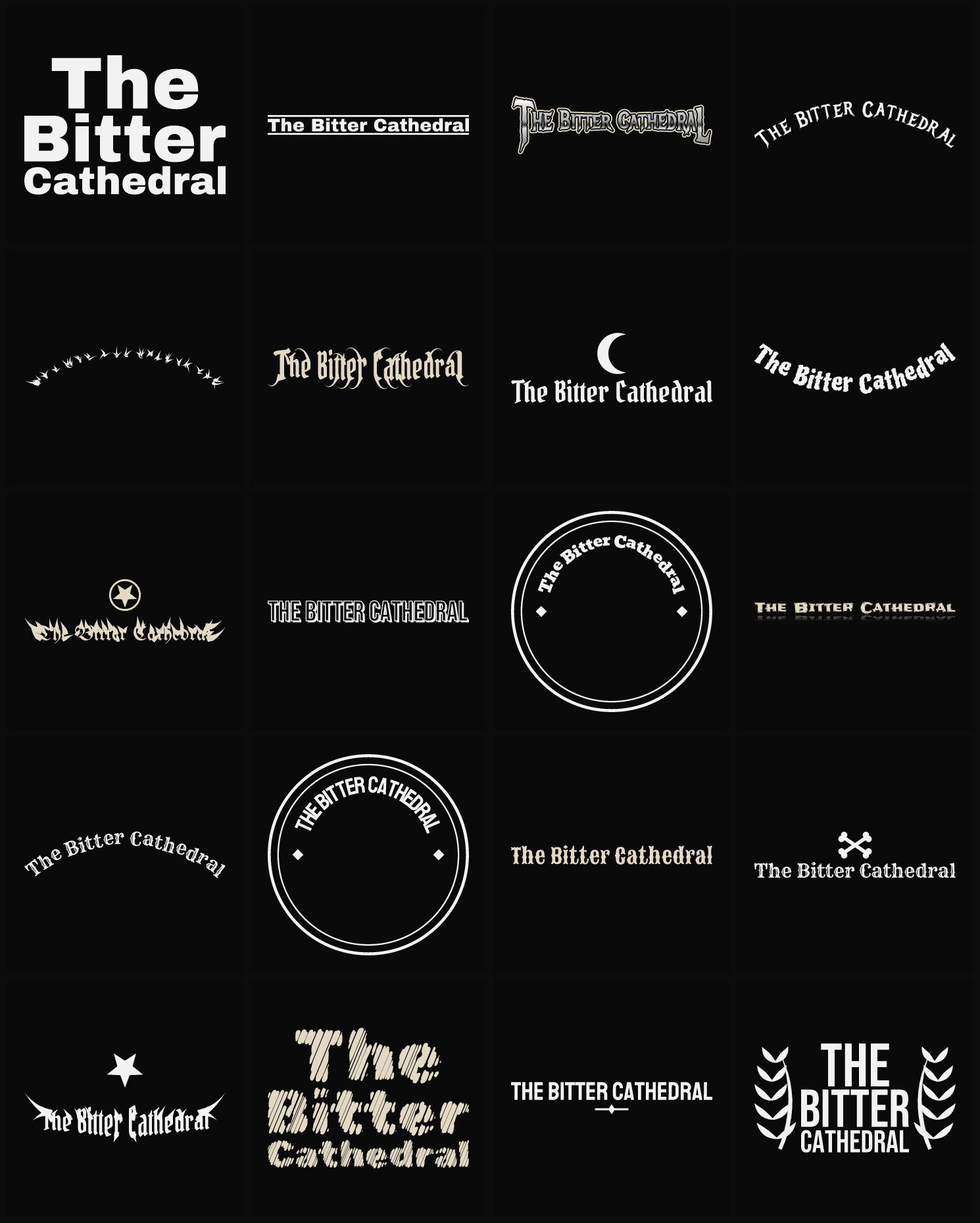 Twenty The Bitter Cathedral band logo ideas — different faces, treatments and spike settings
