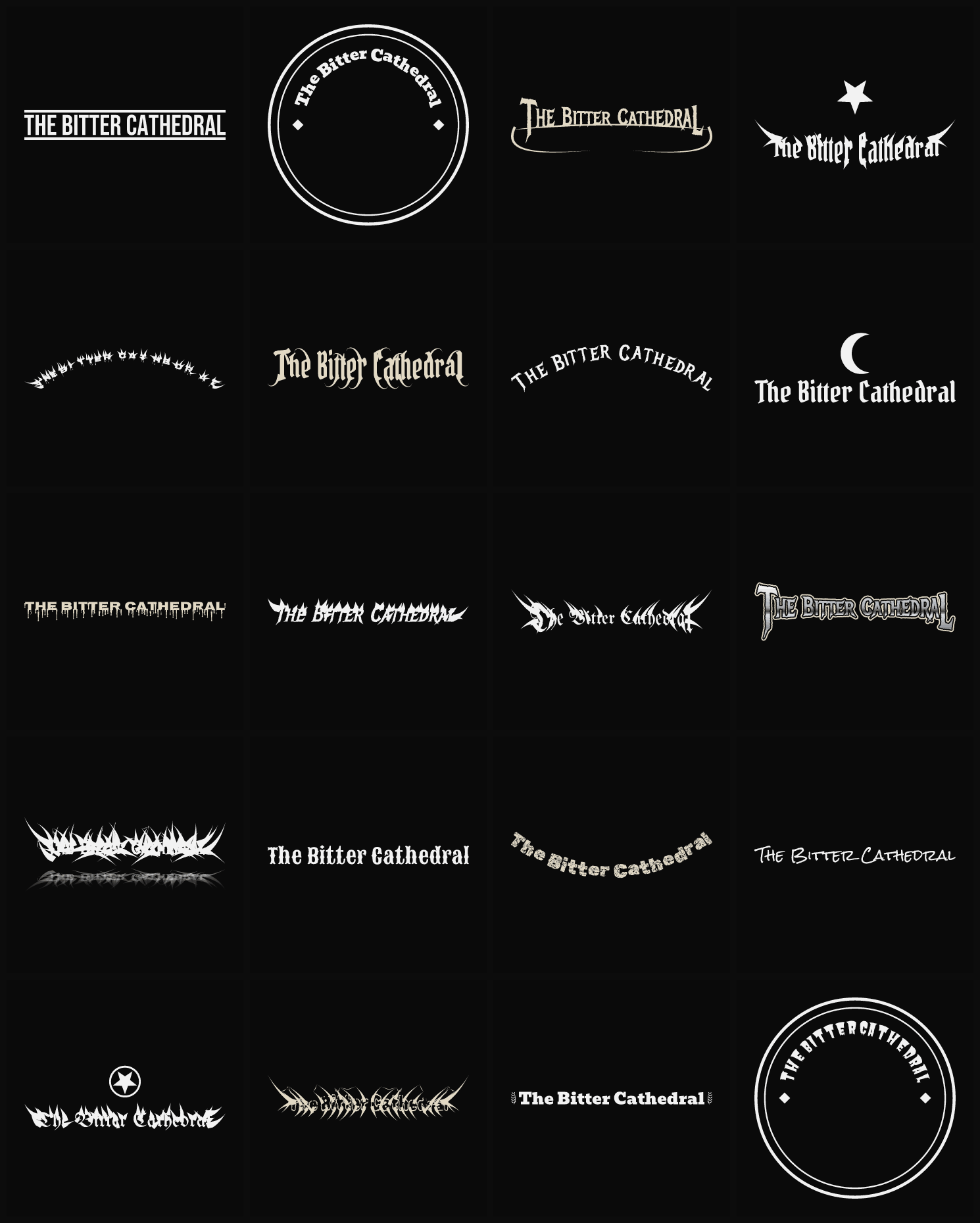 Twenty The Bitter Cathedral band logo ideas — different faces, treatments and spike settings