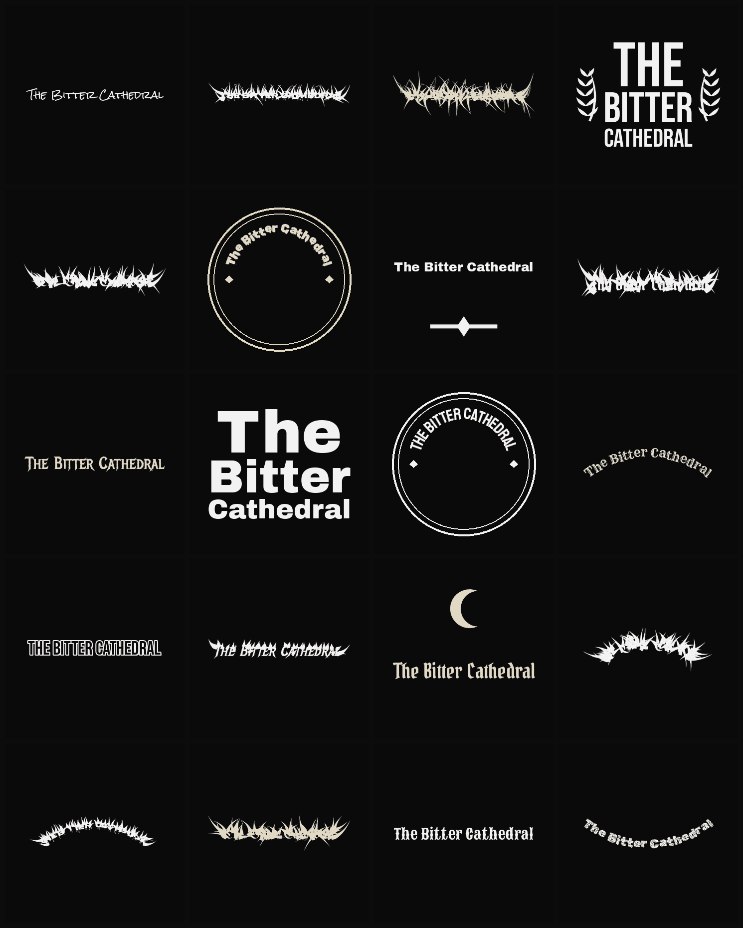 Twenty The Bitter Cathedral band logo ideas — different faces, treatments and spike settings