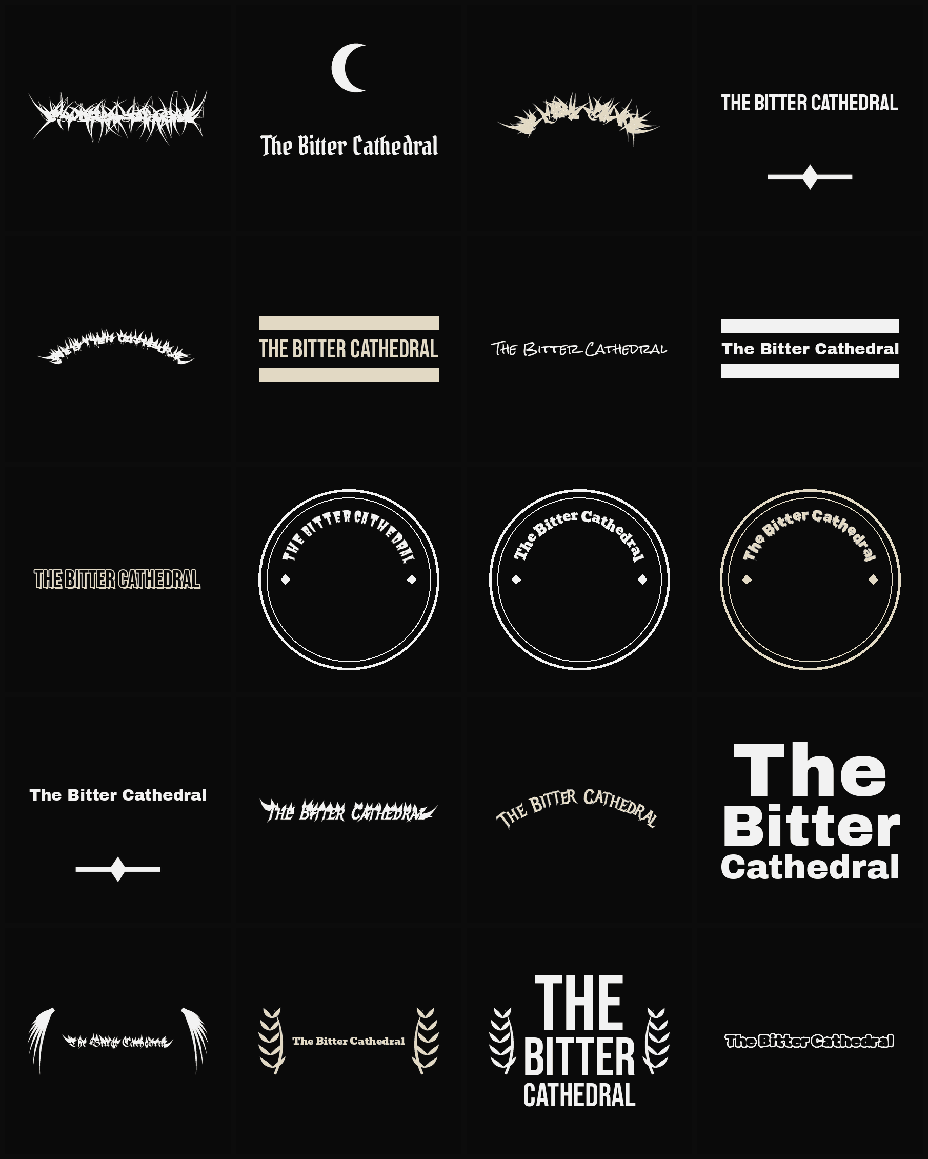 Twenty The Bitter Cathedral band logo ideas — different faces, treatments and spike settings