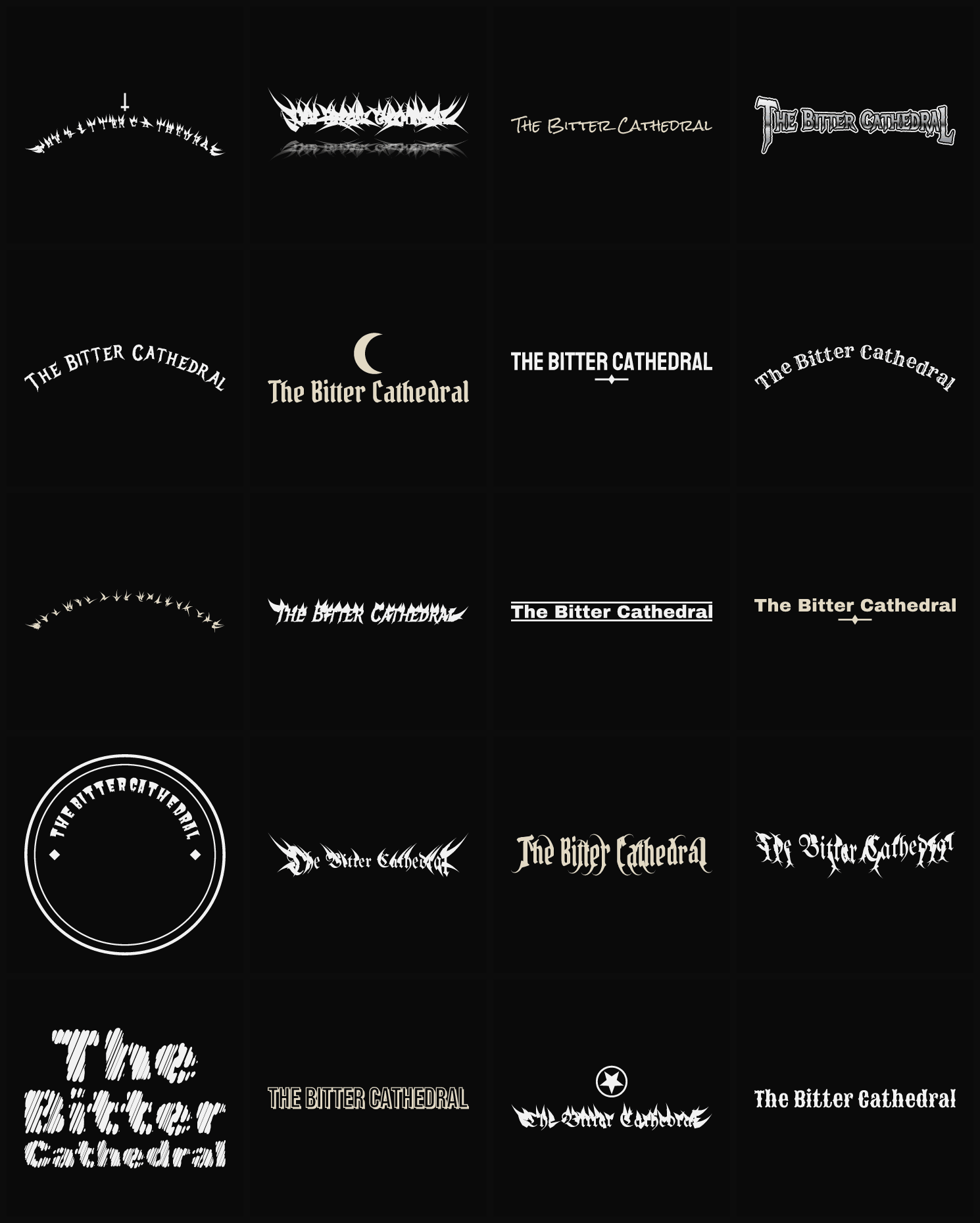 Twenty The Bitter Cathedral band logo ideas — different faces, treatments and spike settings