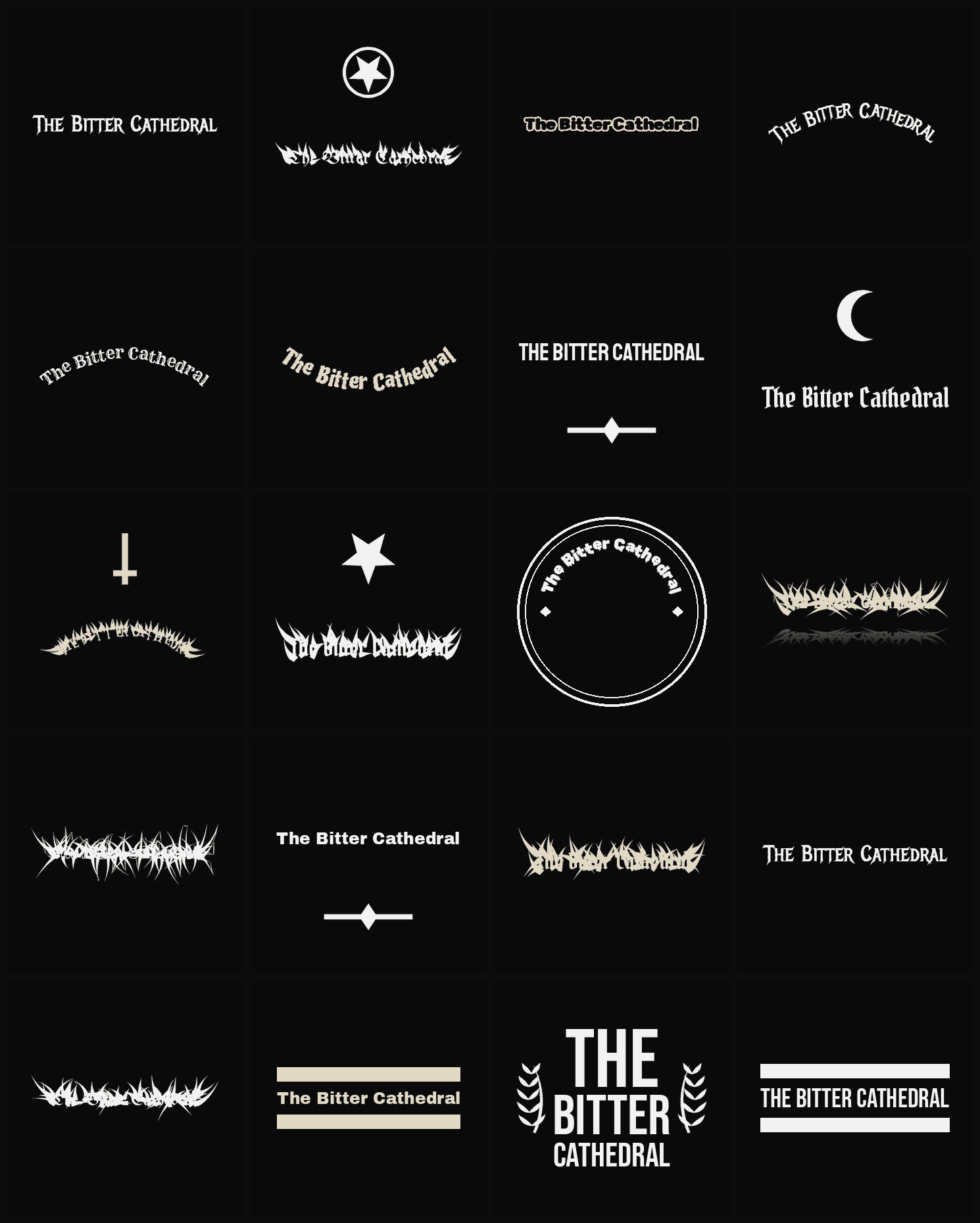 Twenty The Bitter Cathedral band logo ideas — different faces, treatments and spike settings