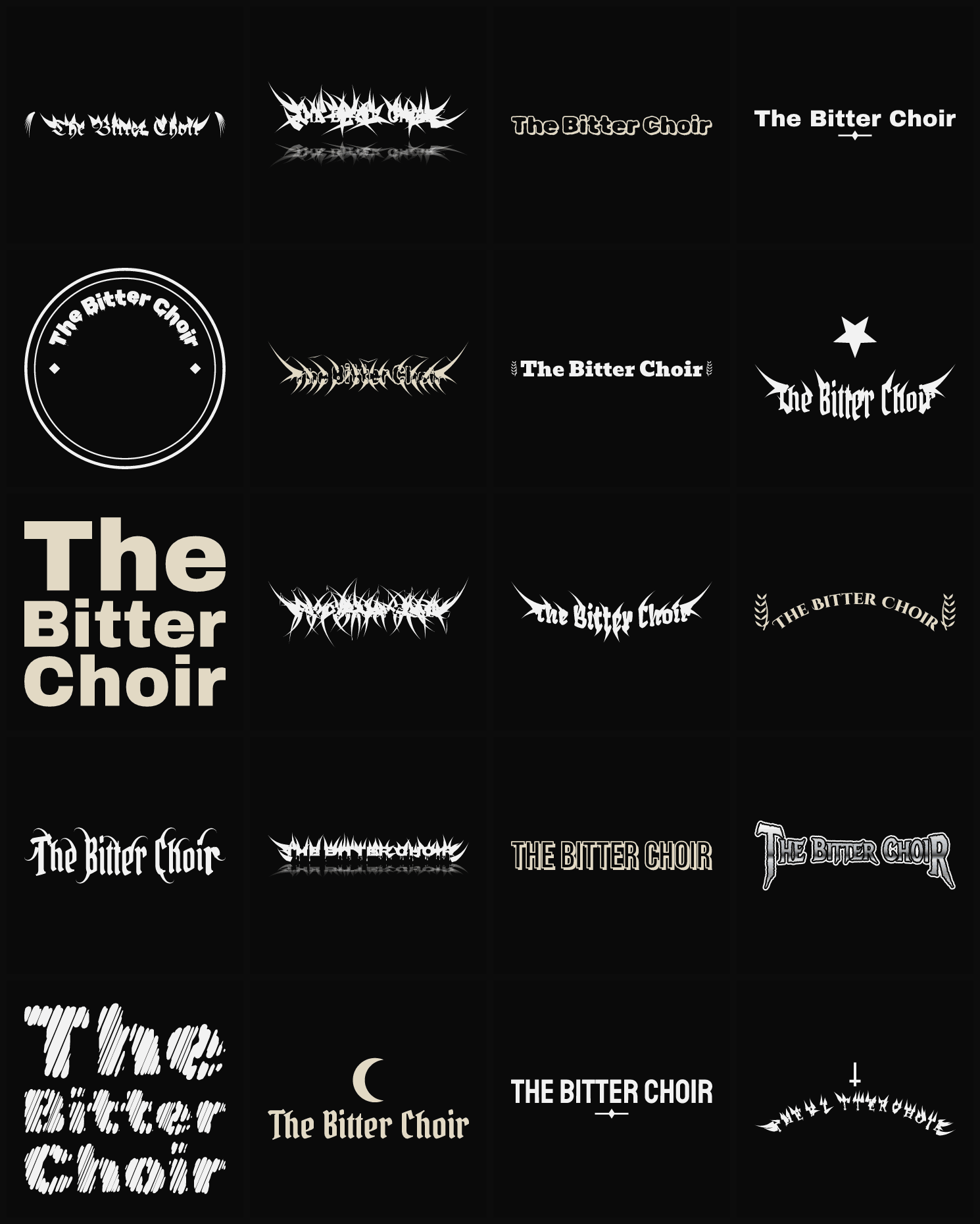 Twenty The Bitter Choir band logo ideas — different faces, treatments and spike settings
