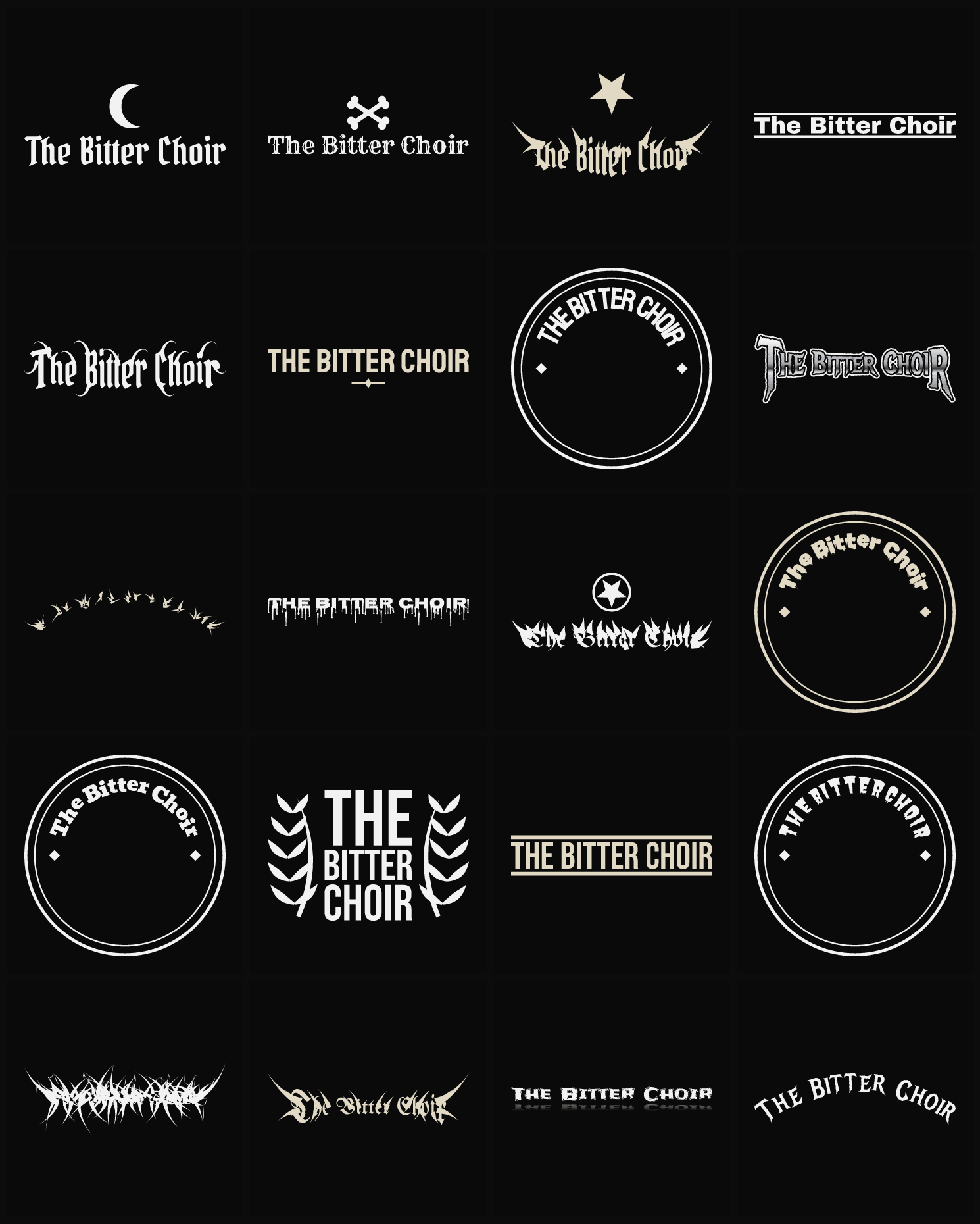 Twenty The Bitter Choir band logo ideas — different faces, treatments and spike settings