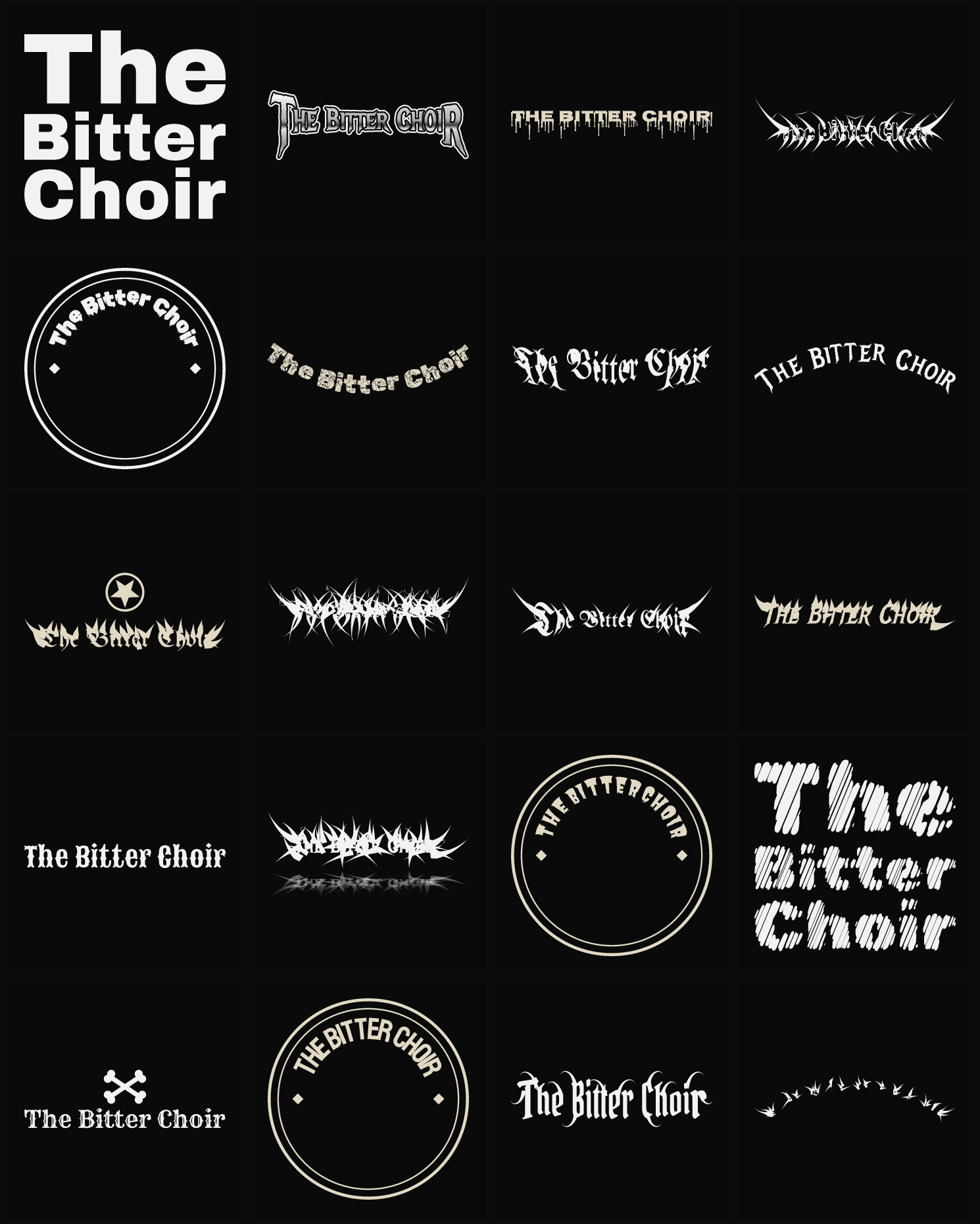 Twenty The Bitter Choir band logo ideas — different faces, treatments and spike settings