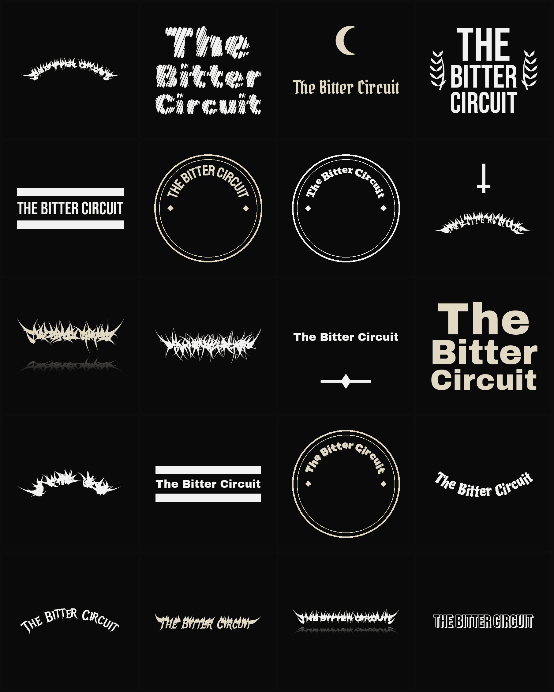 Twenty The Bitter Circuit band logo ideas — different faces, treatments and spike settings
