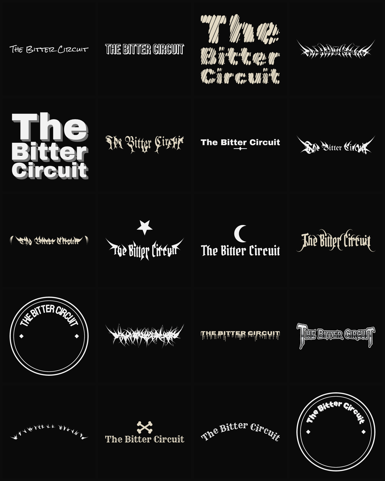 Twenty The Bitter Circuit band logo ideas — different faces, treatments and spike settings