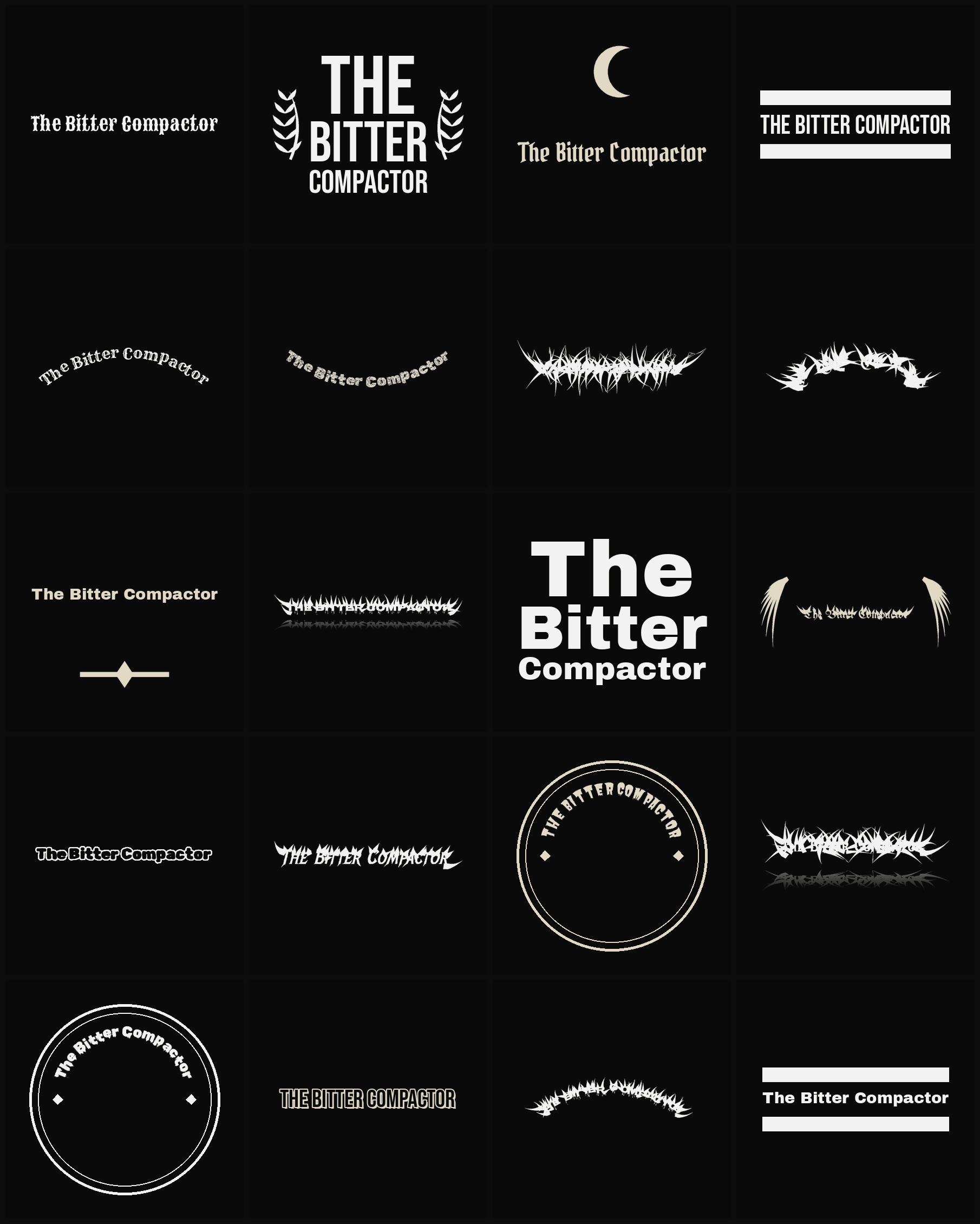 Twenty The Bitter Compactor band logo ideas — different faces, treatments and spike settings