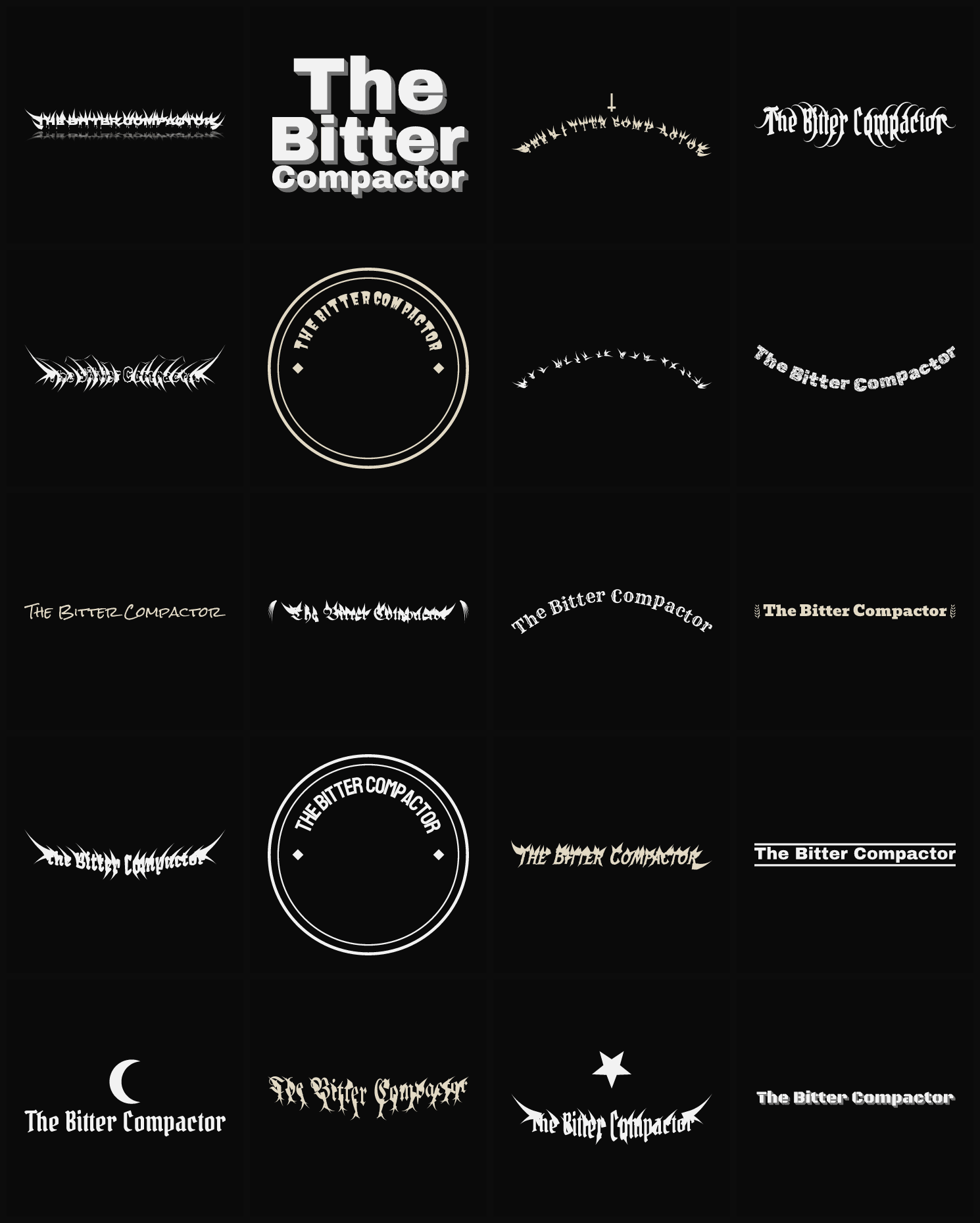 Twenty The Bitter Compactor band logo ideas — different faces, treatments and spike settings