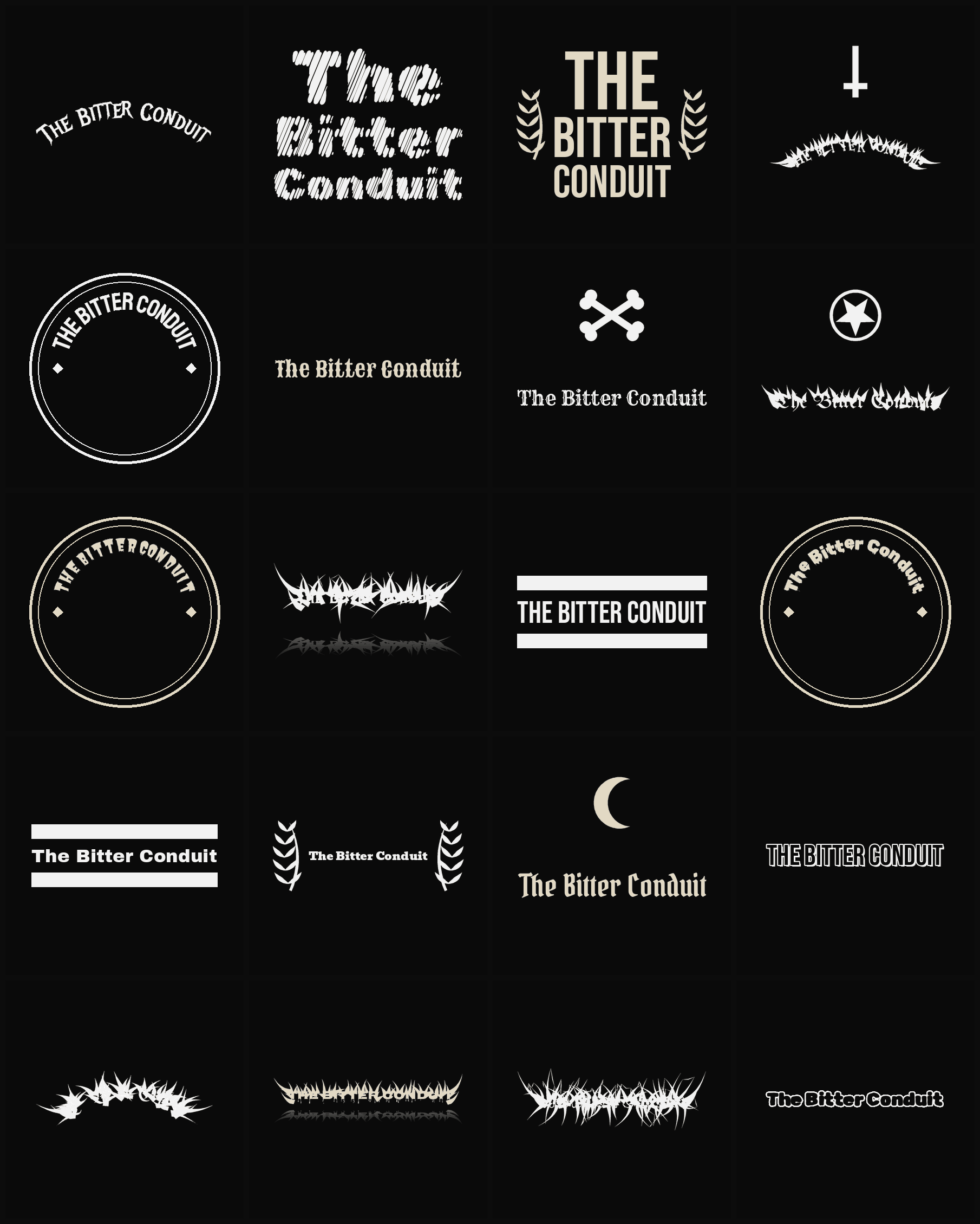 Twenty The Bitter Conduit band logo ideas — different faces, treatments and spike settings