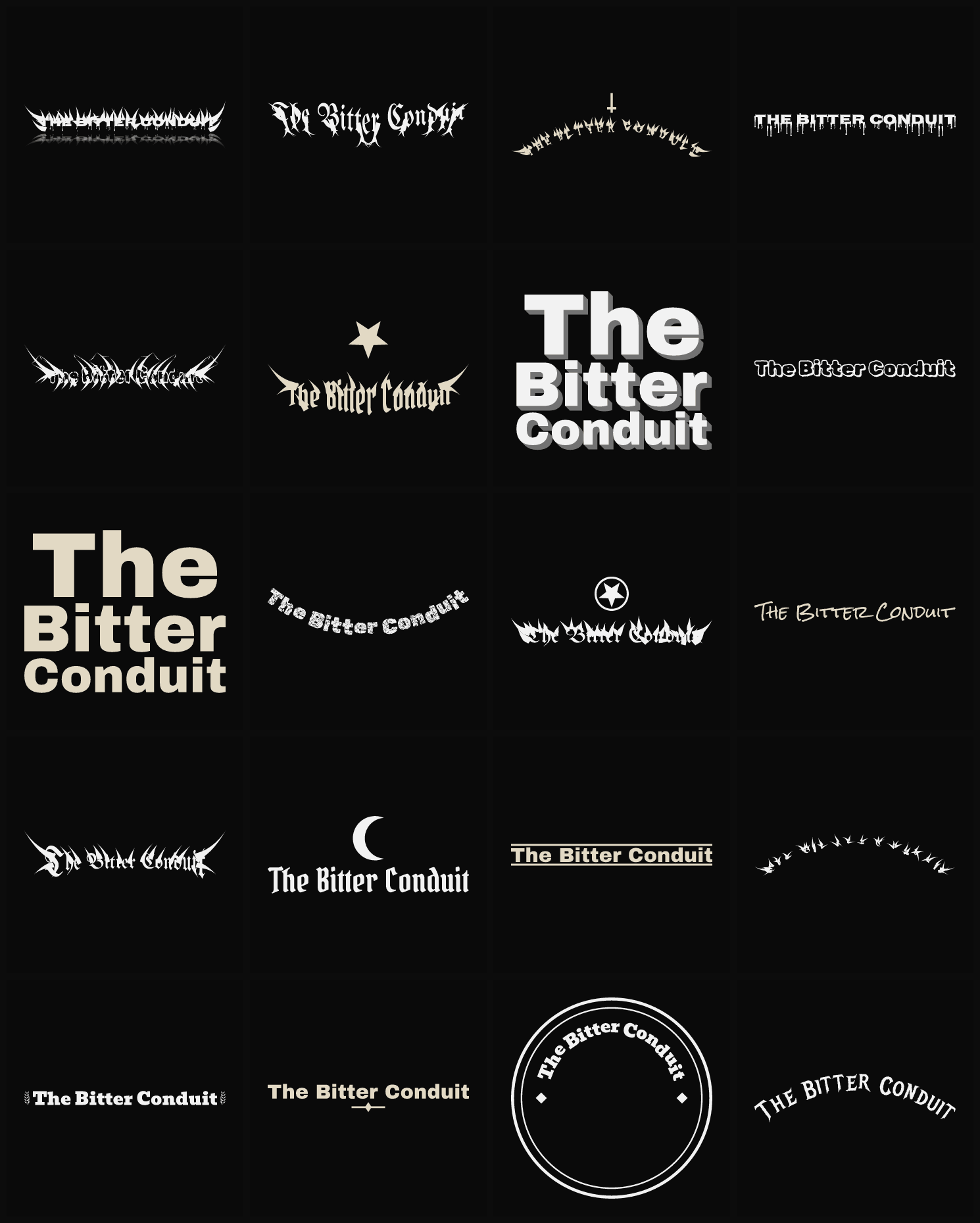 Twenty The Bitter Conduit band logo ideas — different faces, treatments and spike settings