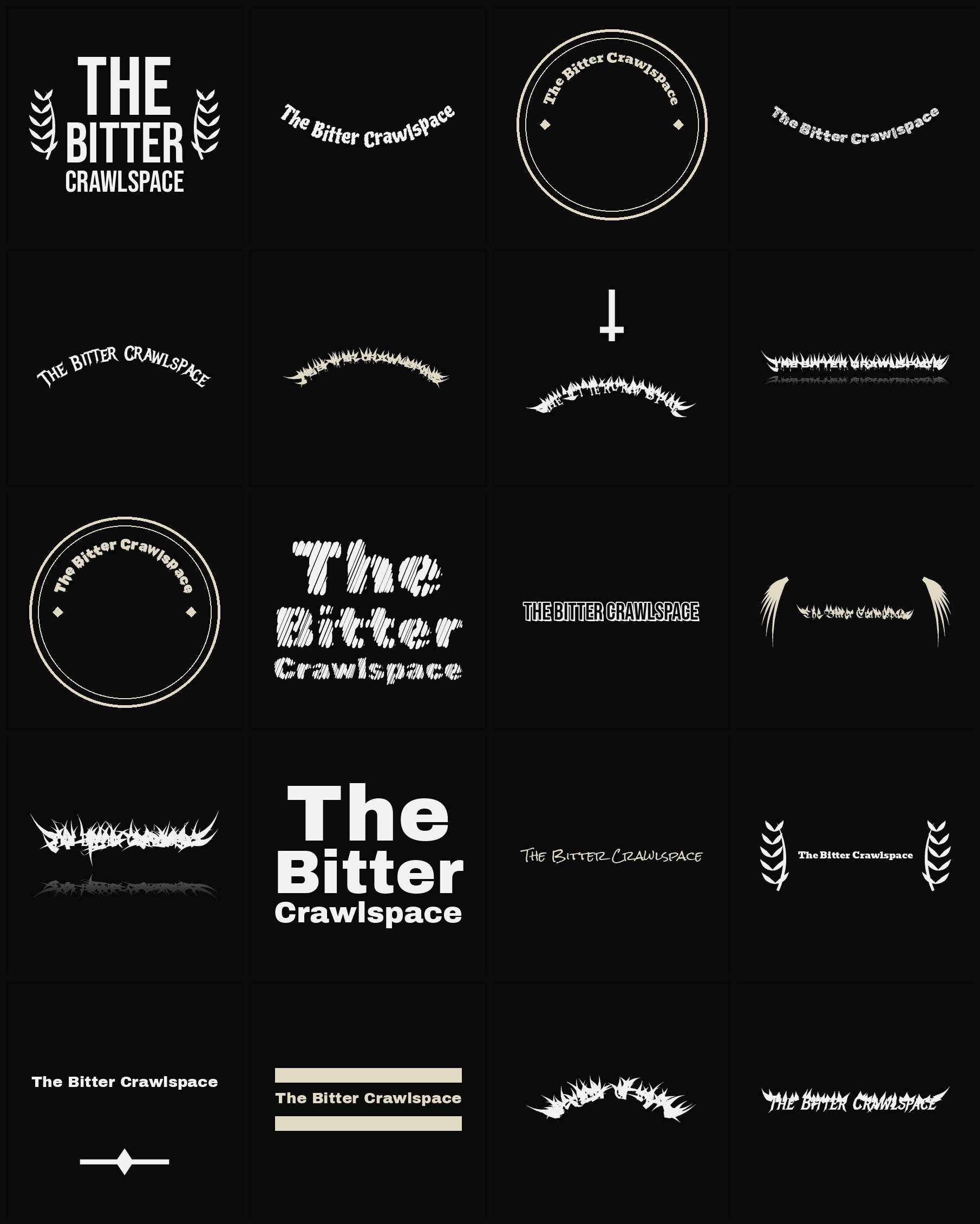Twenty The Bitter Crawlspace band logo ideas — different faces, treatments and spike settings