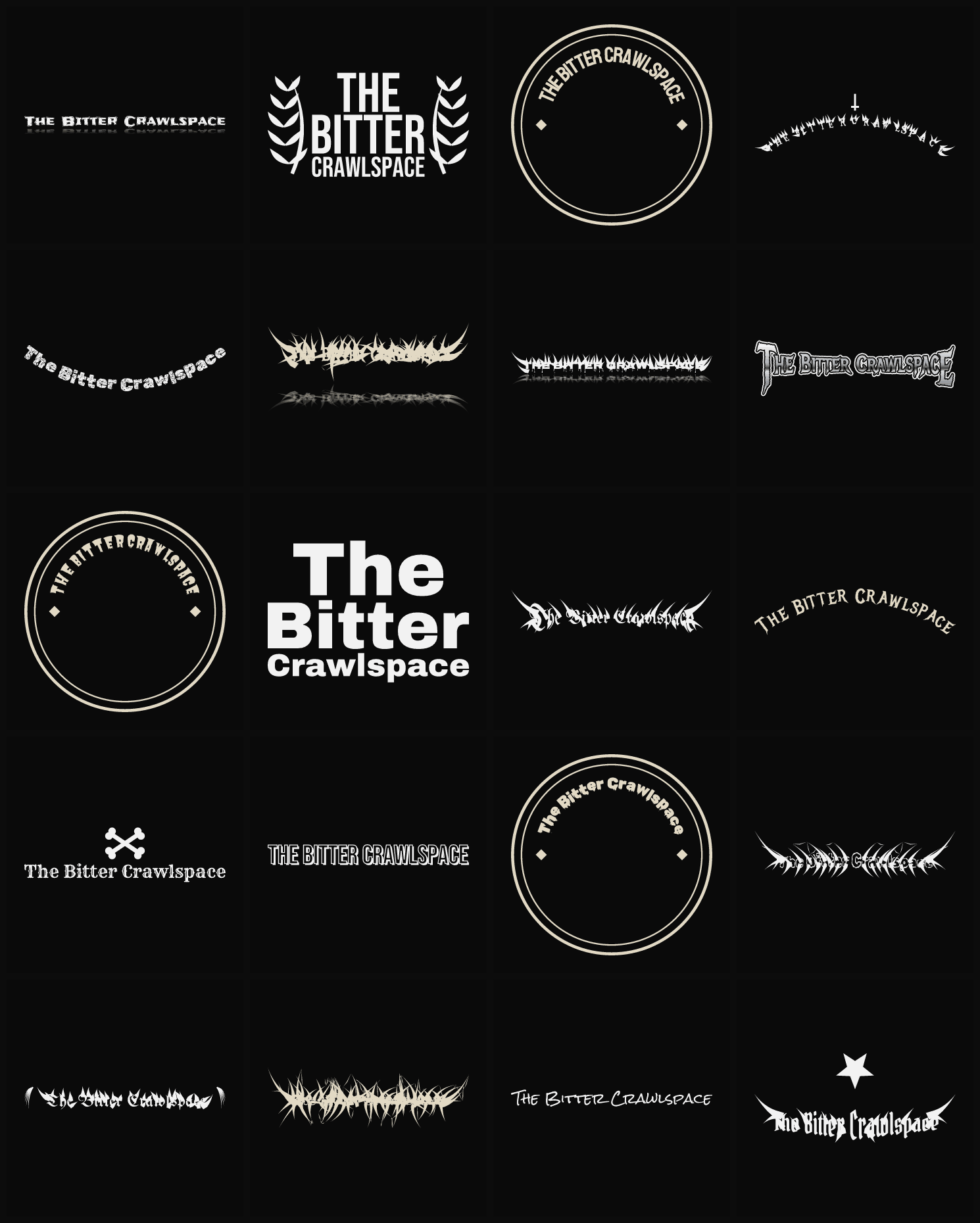 Twenty The Bitter Crawlspace band logo ideas — different faces, treatments and spike settings