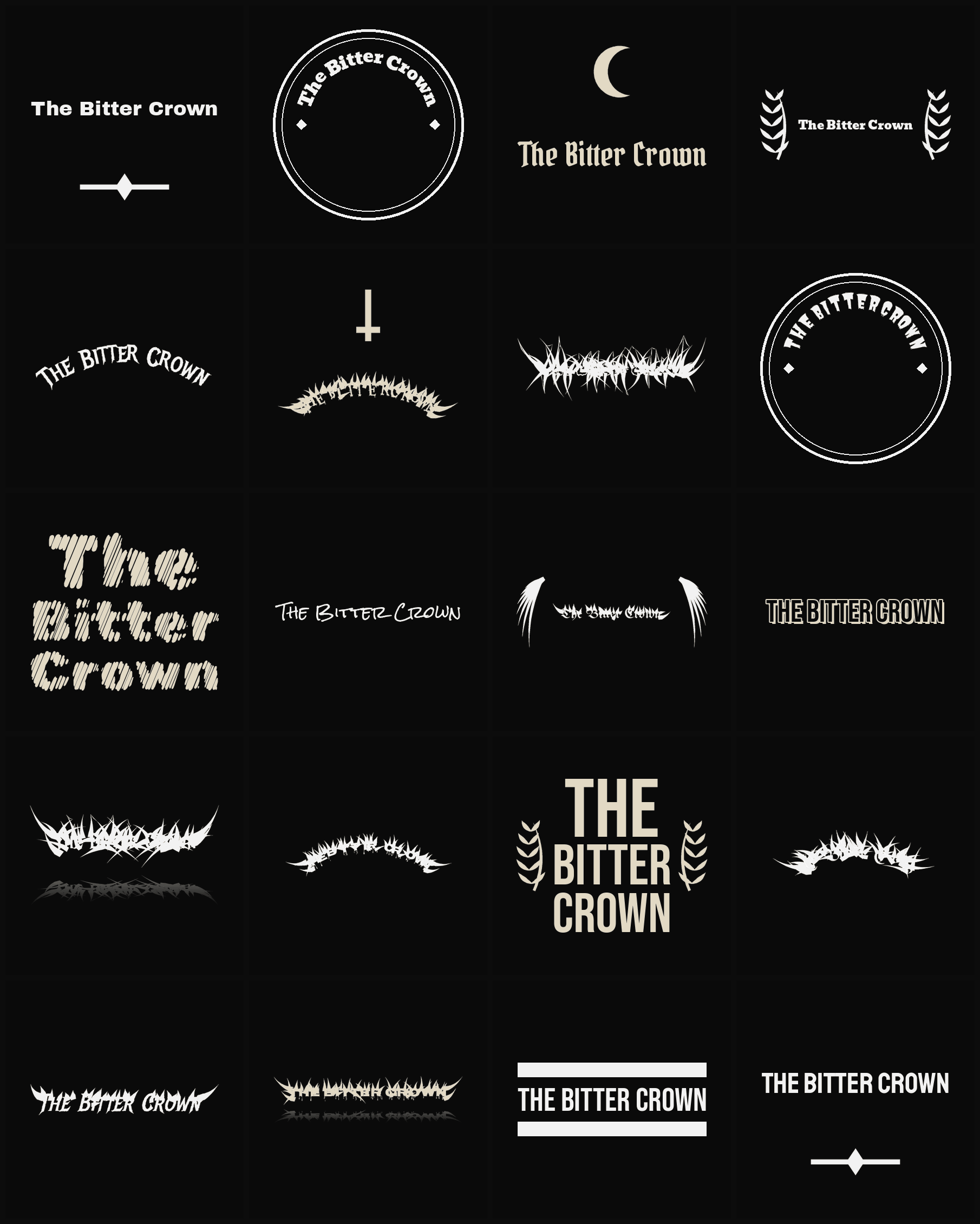 Twenty The Bitter Crown band logo ideas — different faces, treatments and spike settings