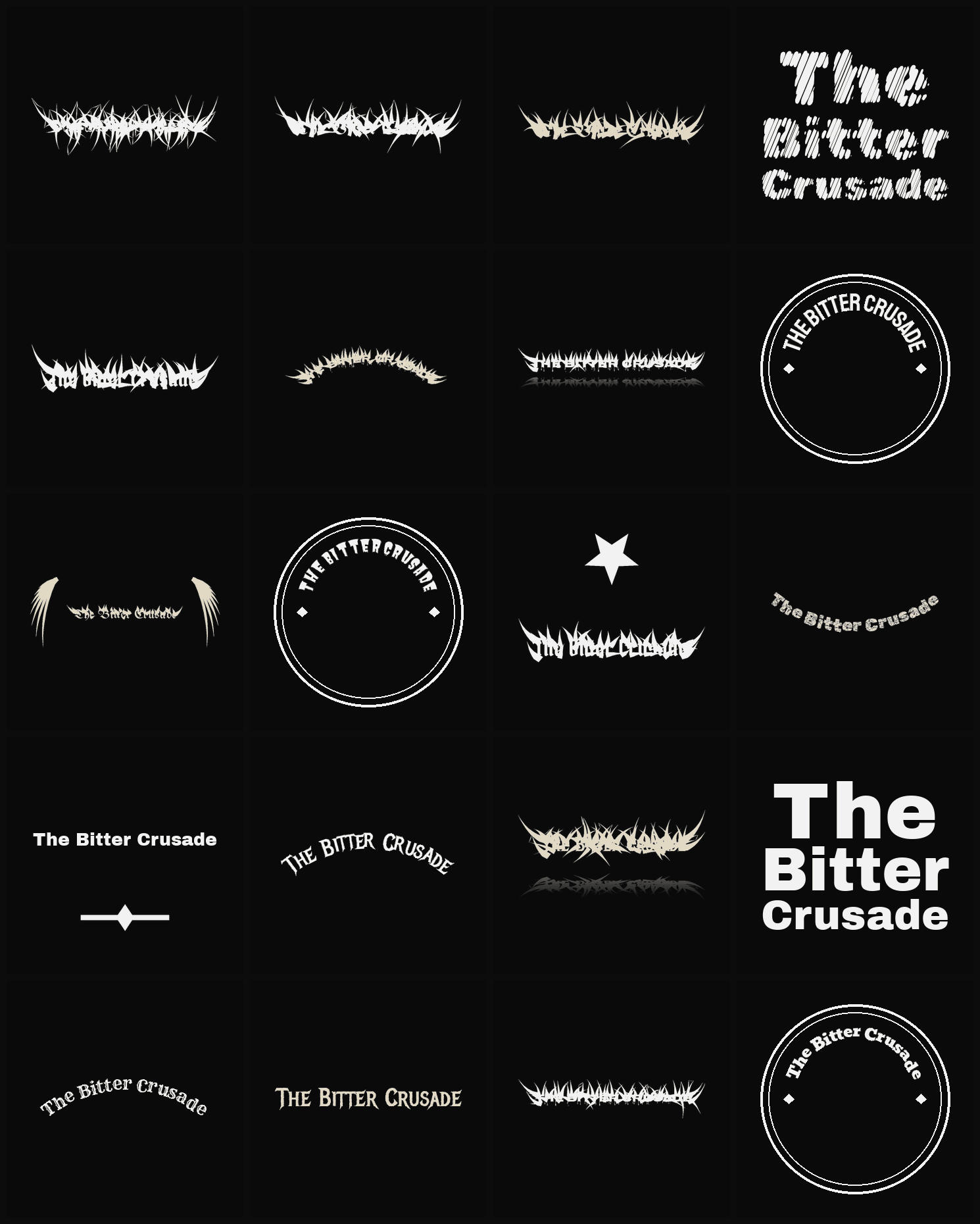 Twenty The Bitter Crusade band logo ideas — different faces, treatments and spike settings