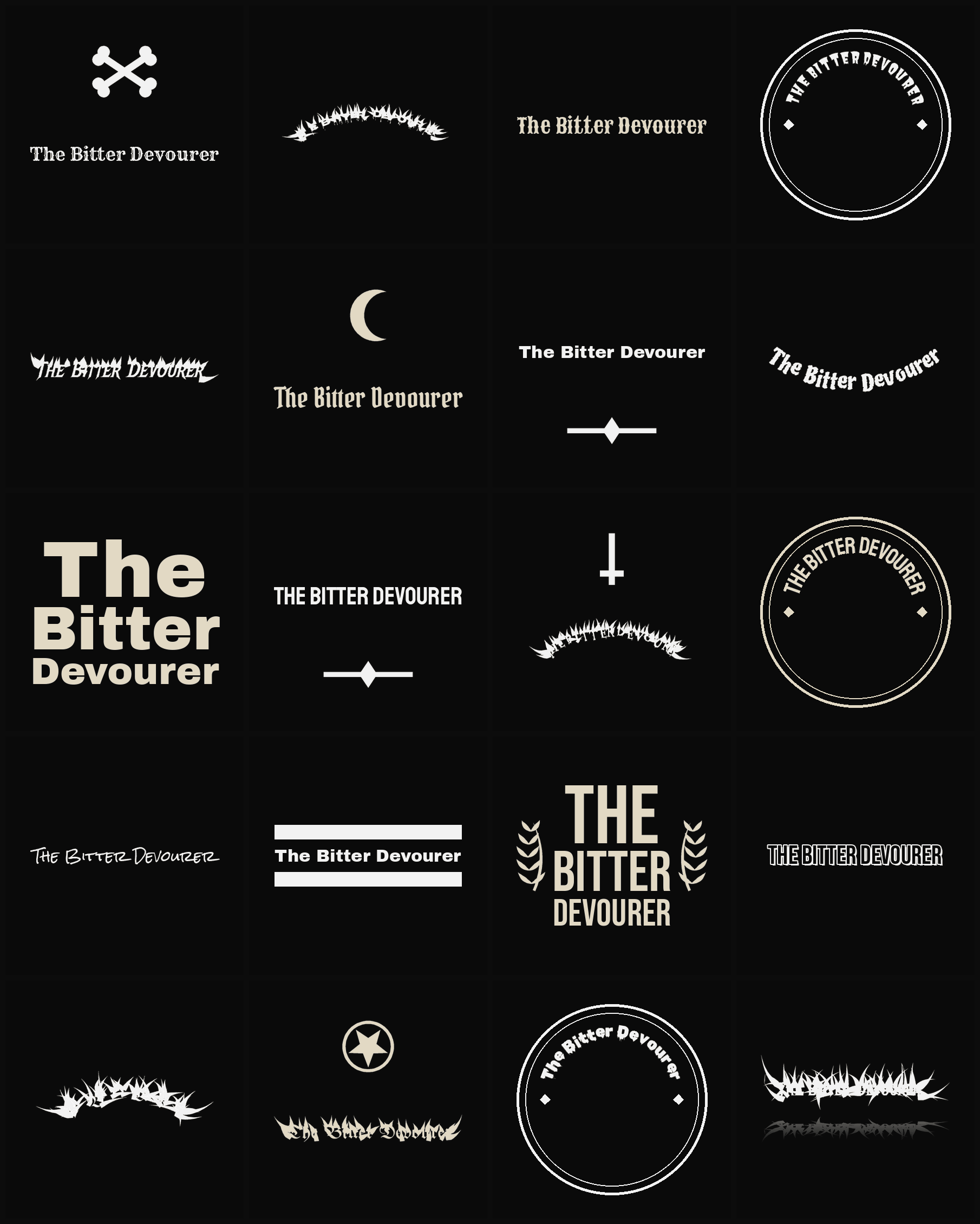 Twenty The Bitter Devourer band logo ideas — different faces, treatments and spike settings