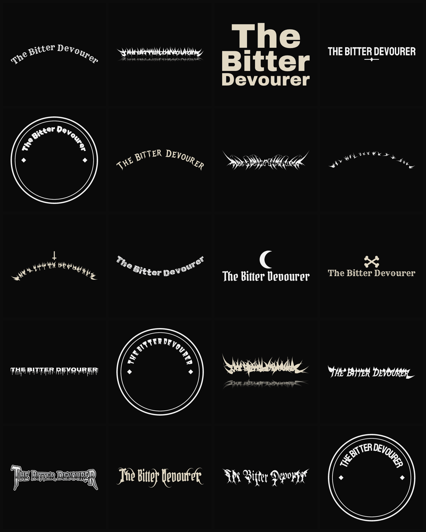 Twenty The Bitter Devourer band logo ideas — different faces, treatments and spike settings