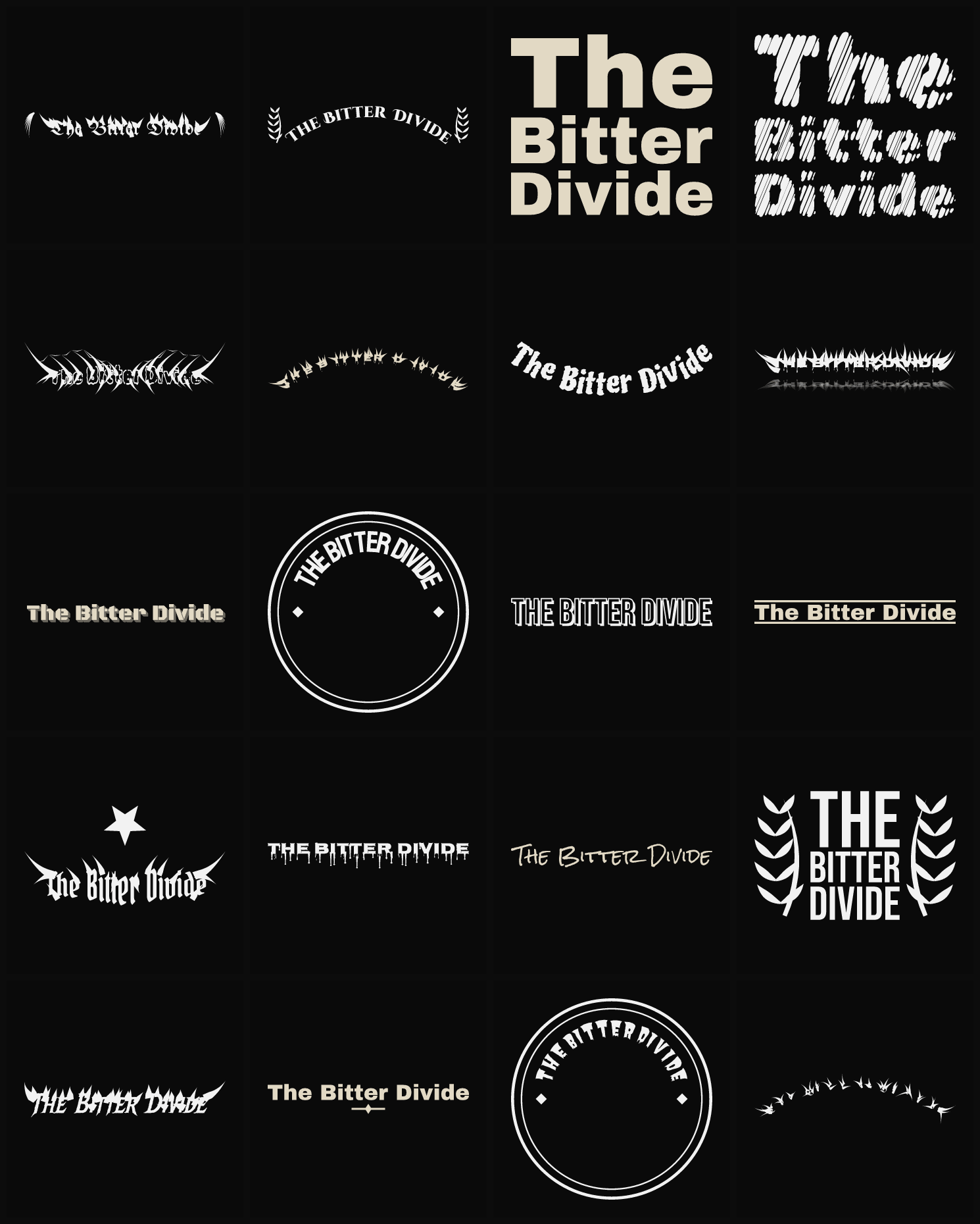 Twenty The Bitter Divide band logo ideas — different faces, treatments and spike settings
