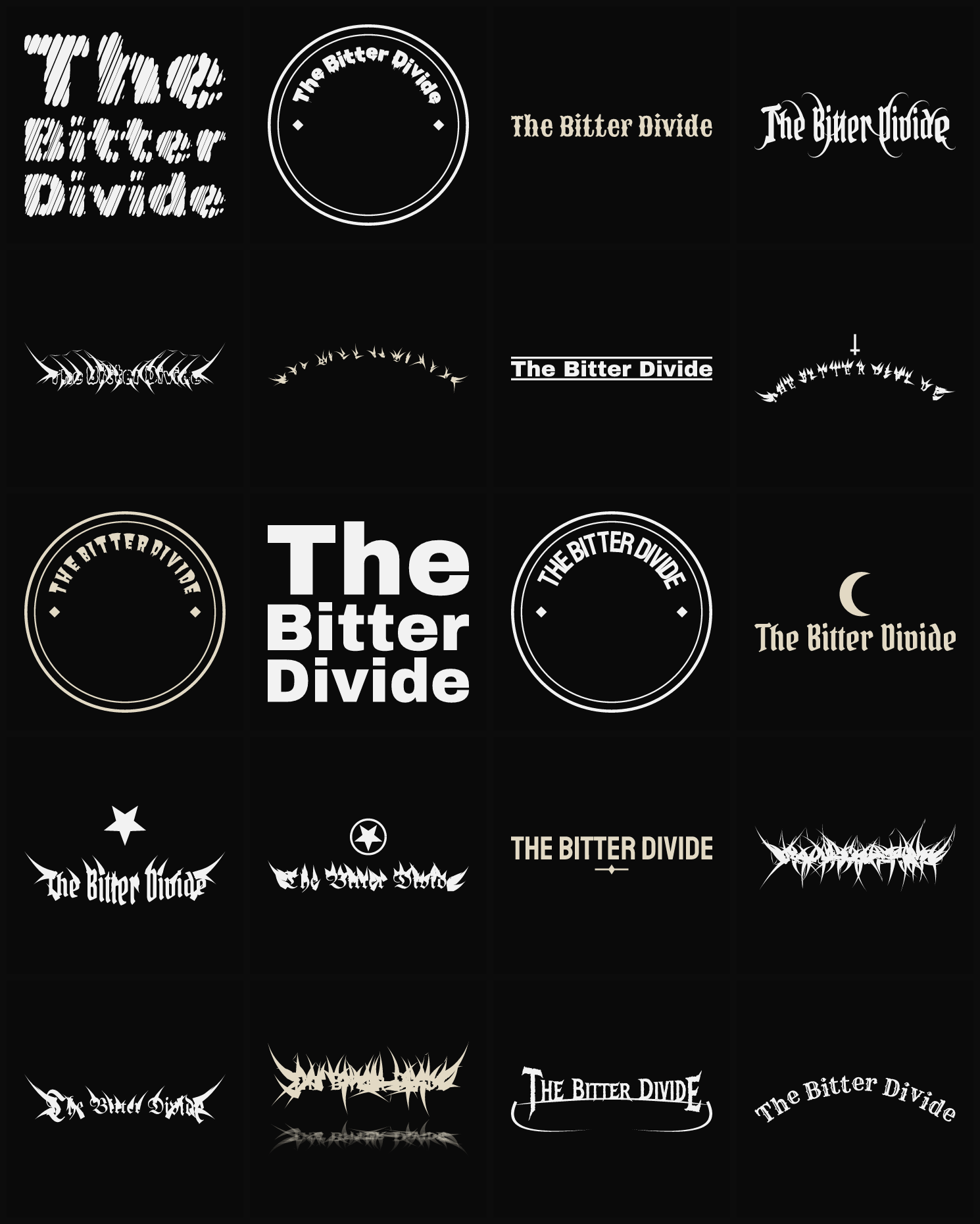 Twenty The Bitter Divide band logo ideas — different faces, treatments and spike settings