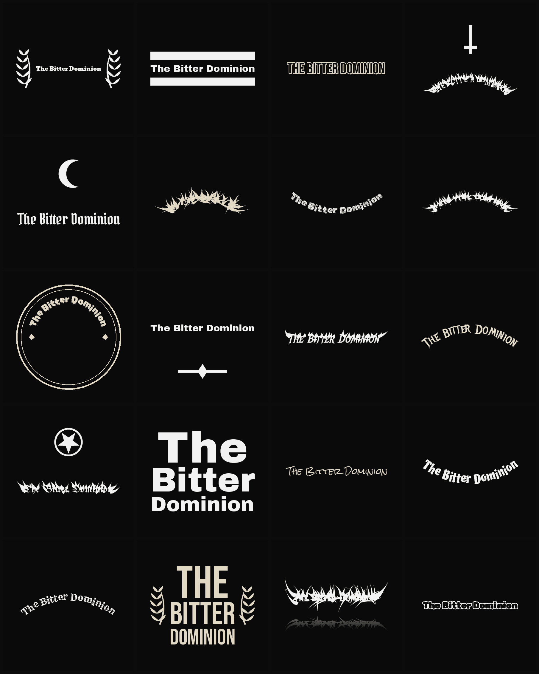Twenty The Bitter Dominion band logo ideas — different faces, treatments and spike settings