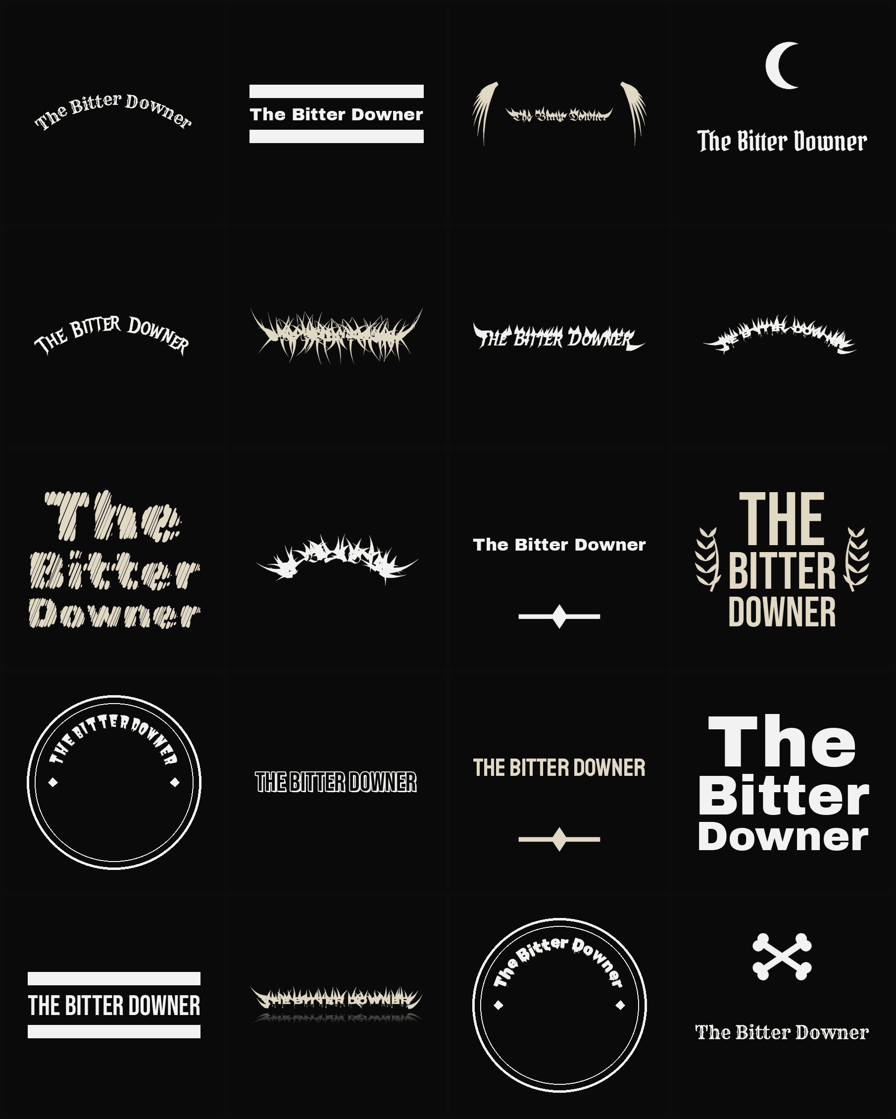 Twenty The Bitter Downer band logo ideas — different faces, treatments and spike settings