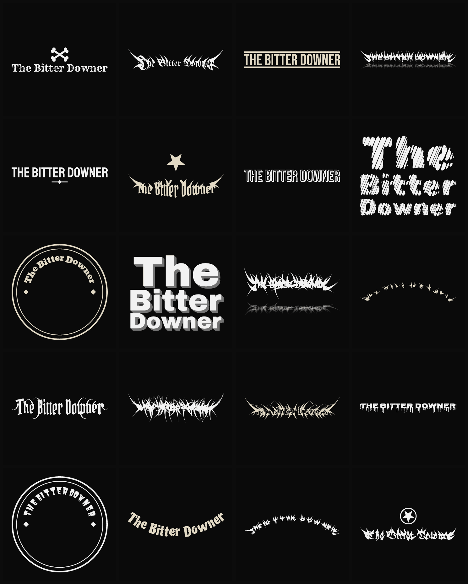 Twenty The Bitter Downer band logo ideas — different faces, treatments and spike settings