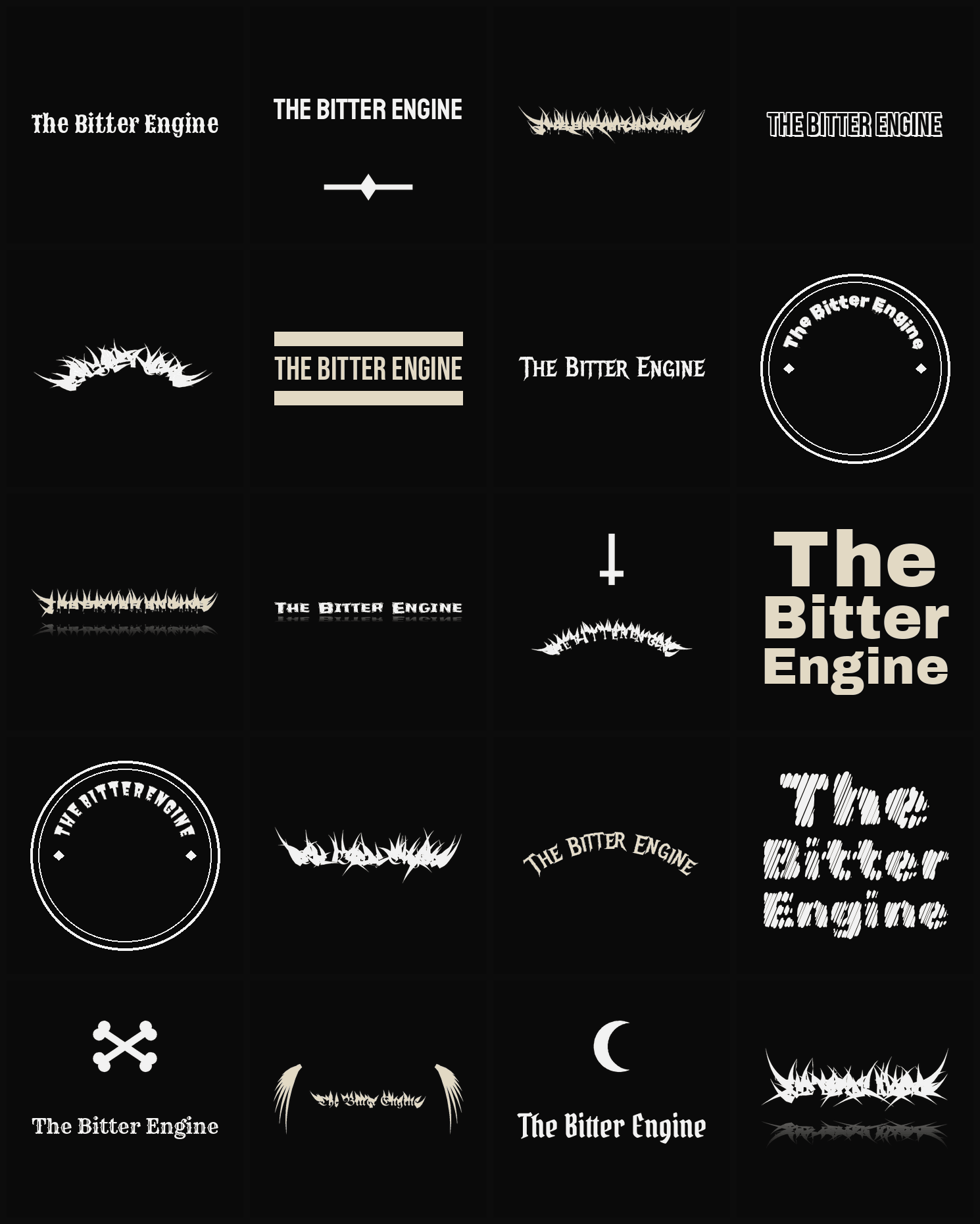 Twenty The Bitter Engine band logo ideas — different faces, treatments and spike settings