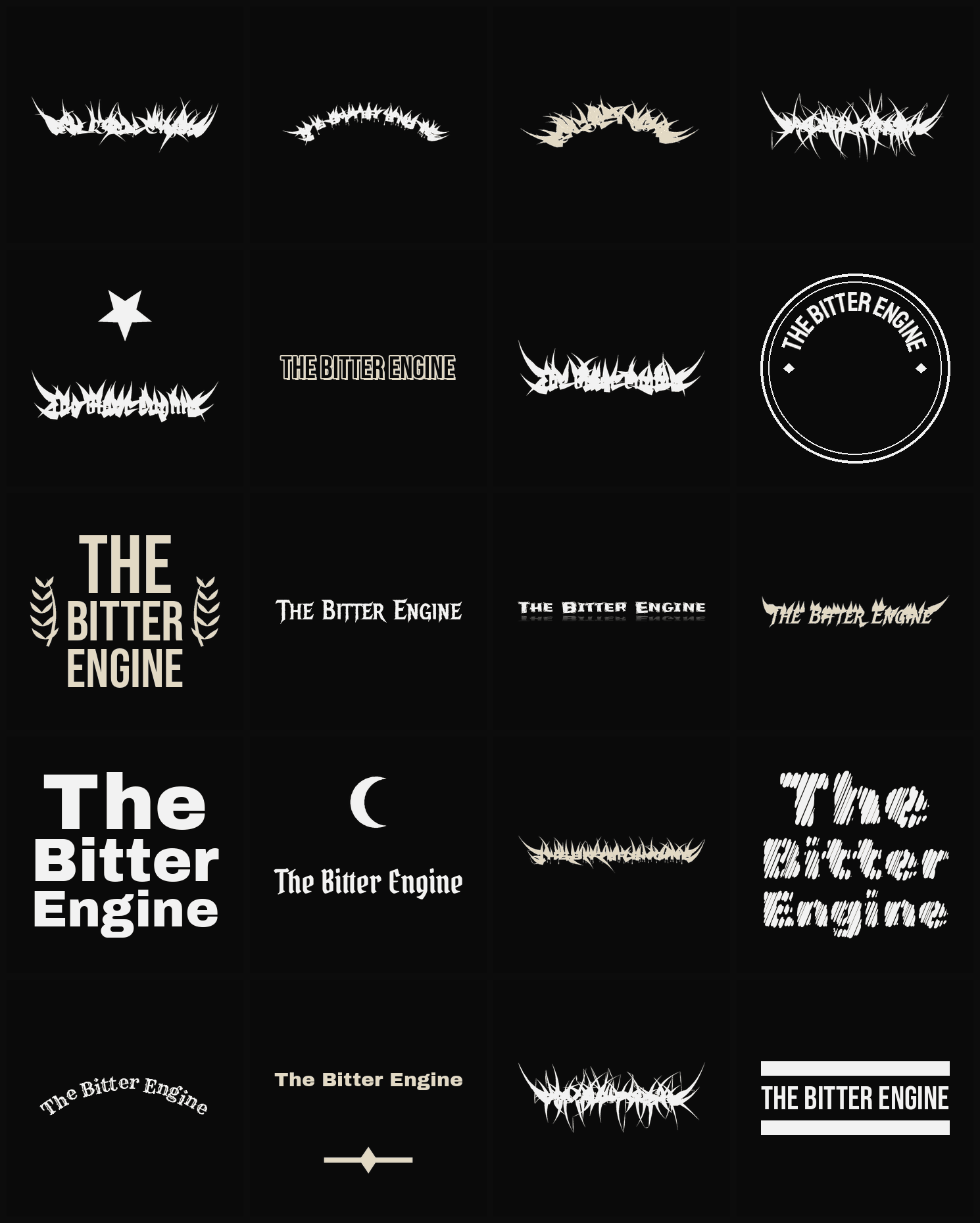 Twenty The Bitter Engine band logo ideas — different faces, treatments and spike settings