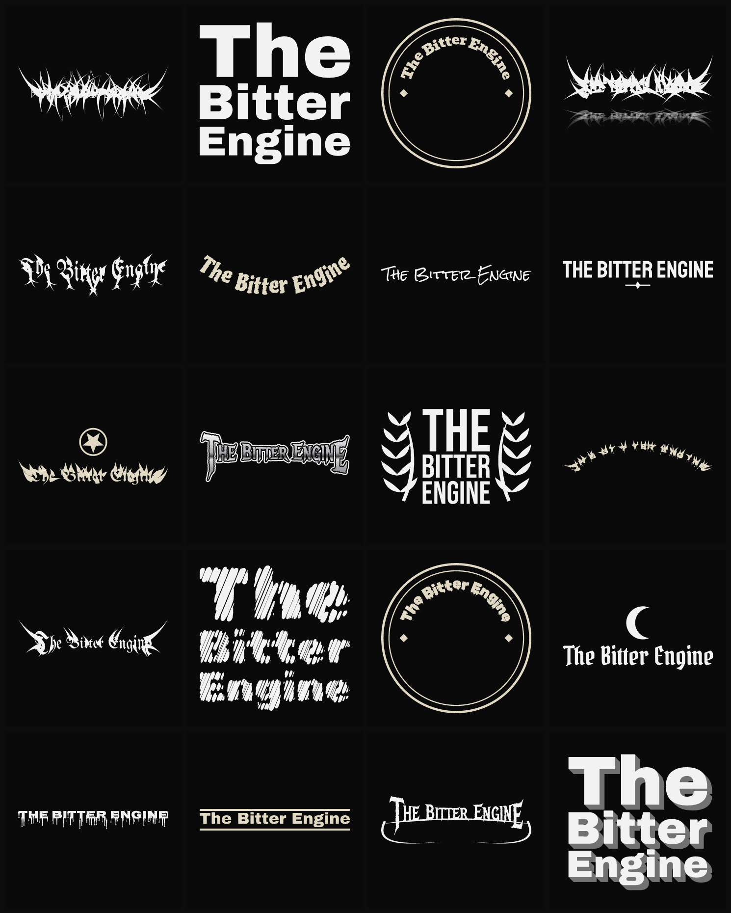 Twenty The Bitter Engine band logo ideas — different faces, treatments and spike settings