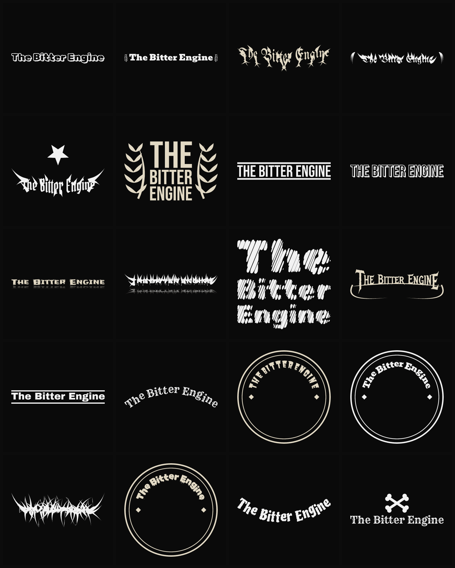 Twenty The Bitter Engine band logo ideas — different faces, treatments and spike settings