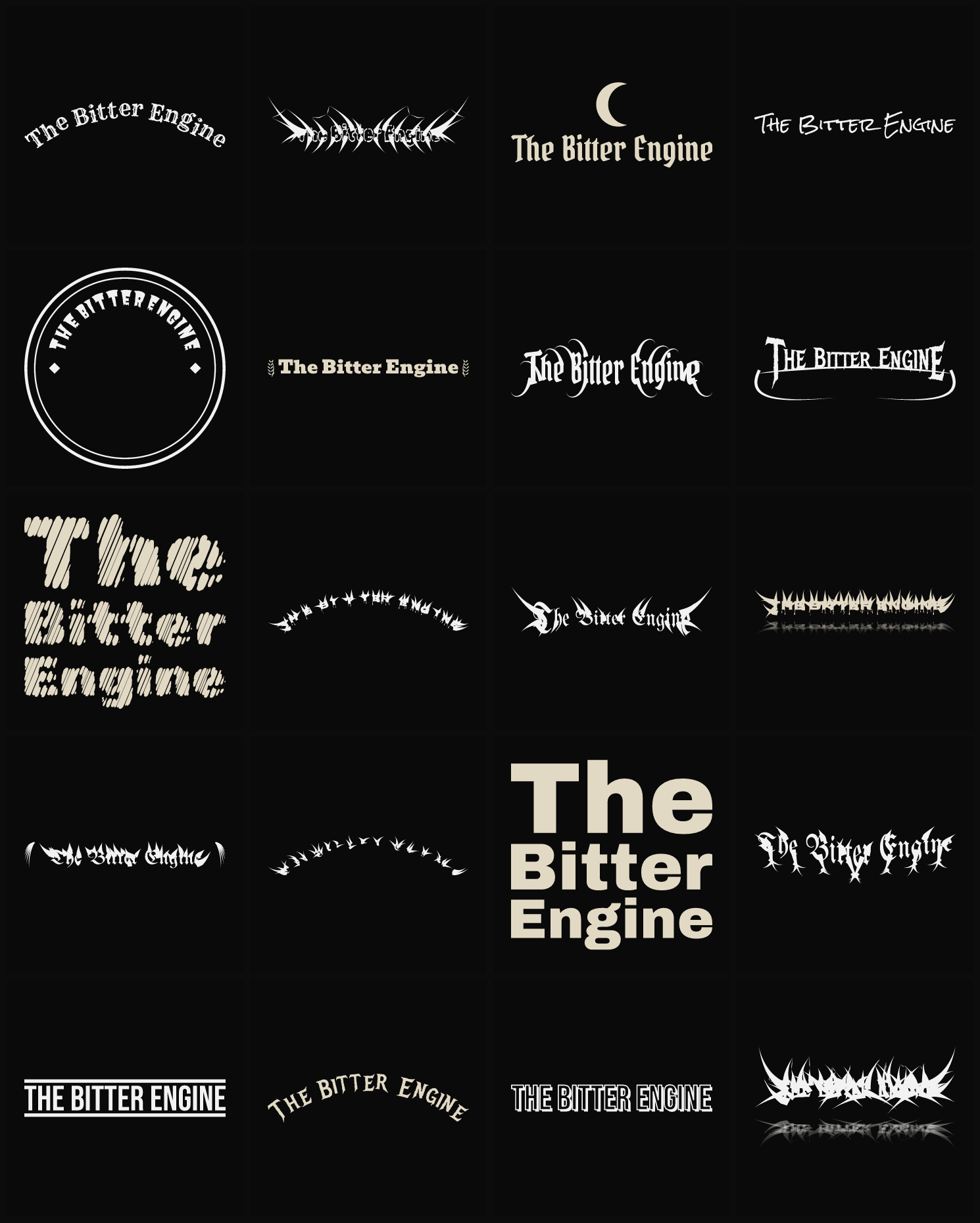 Twenty The Bitter Engine band logo ideas — different faces, treatments and spike settings