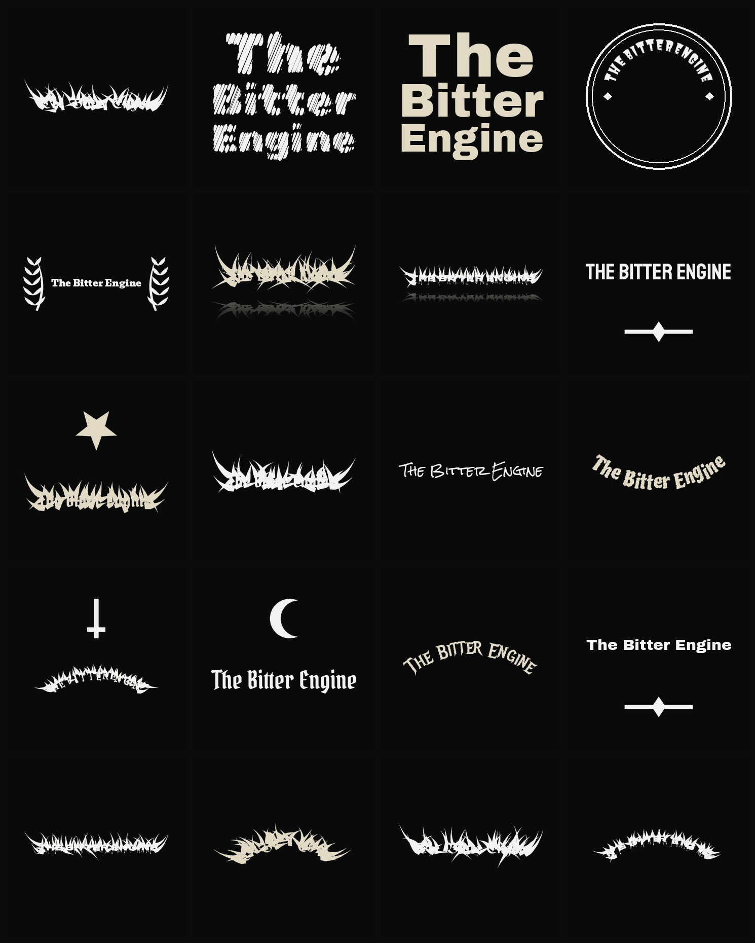 Twenty The Bitter Engine band logo ideas — different faces, treatments and spike settings