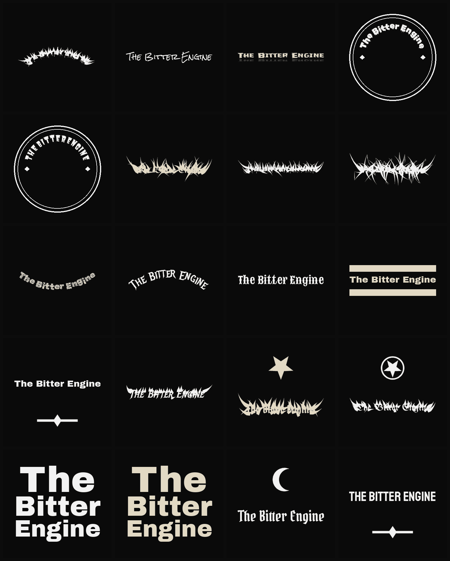 Twenty The Bitter Engine band logo ideas — different faces, treatments and spike settings