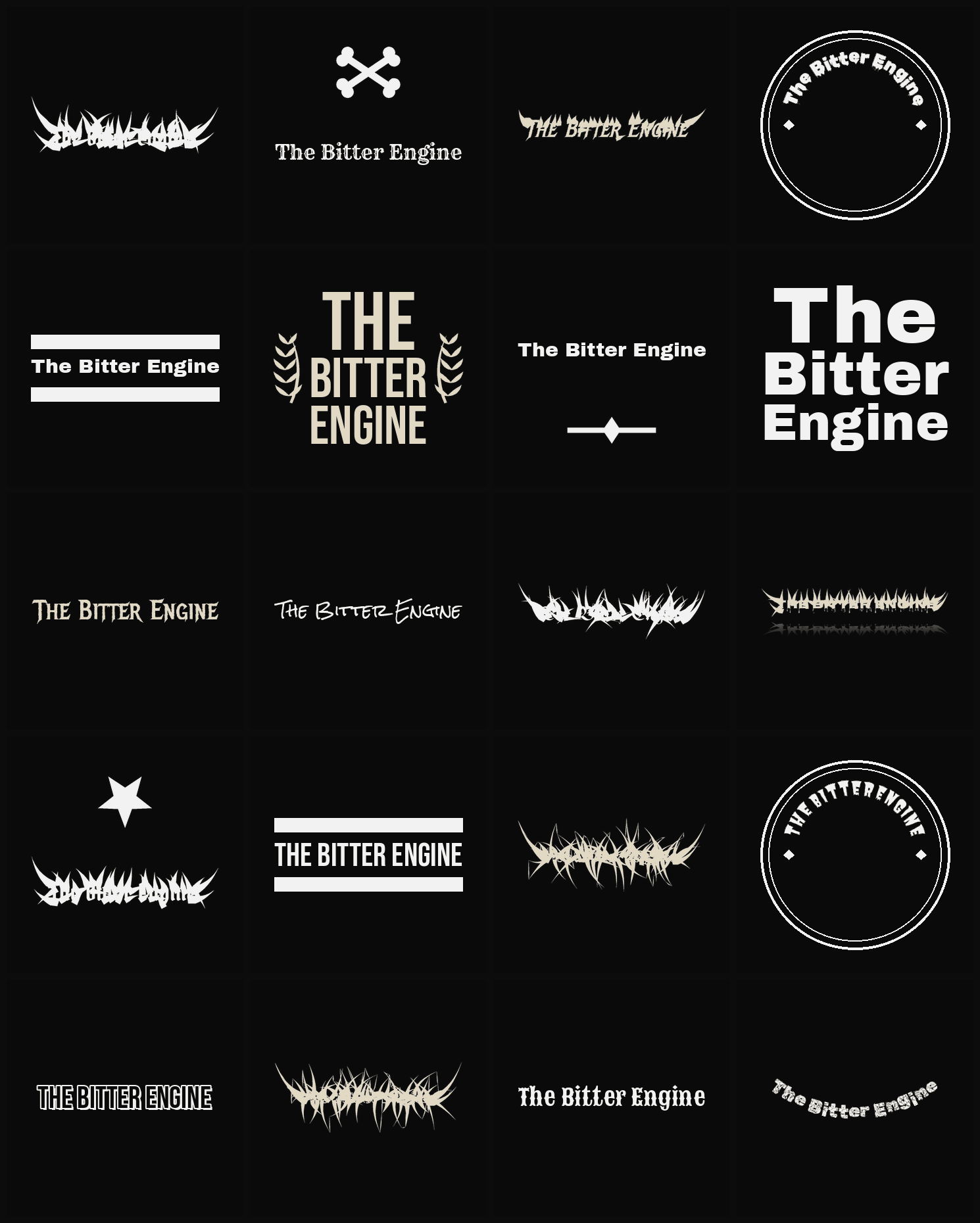 Twenty The Bitter Engine band logo ideas — different faces, treatments and spike settings