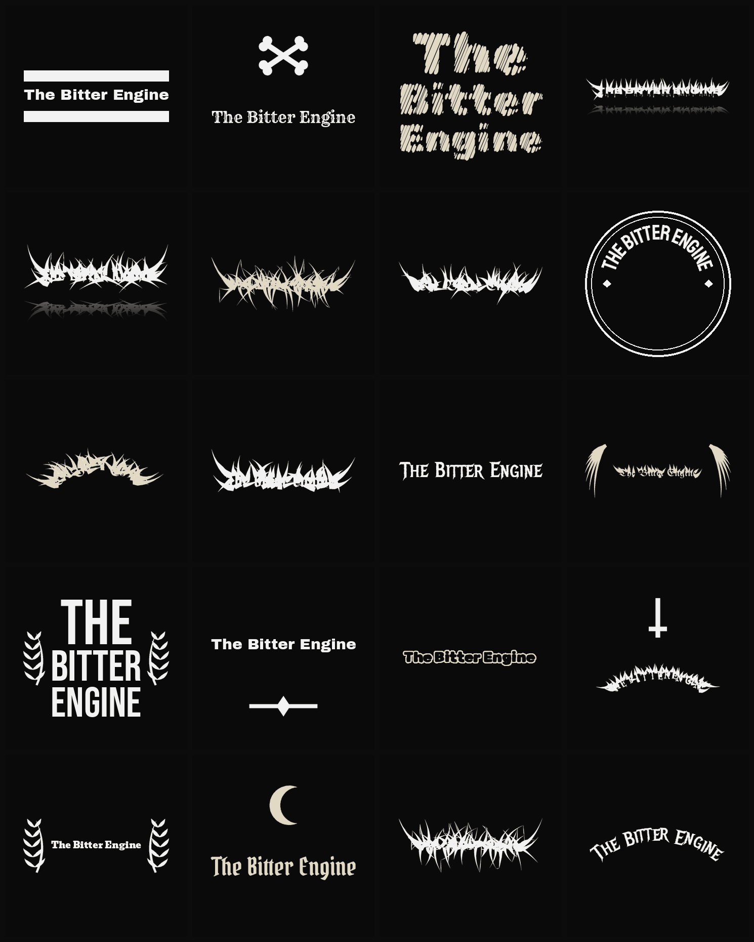 Twenty The Bitter Engine band logo ideas — different faces, treatments and spike settings