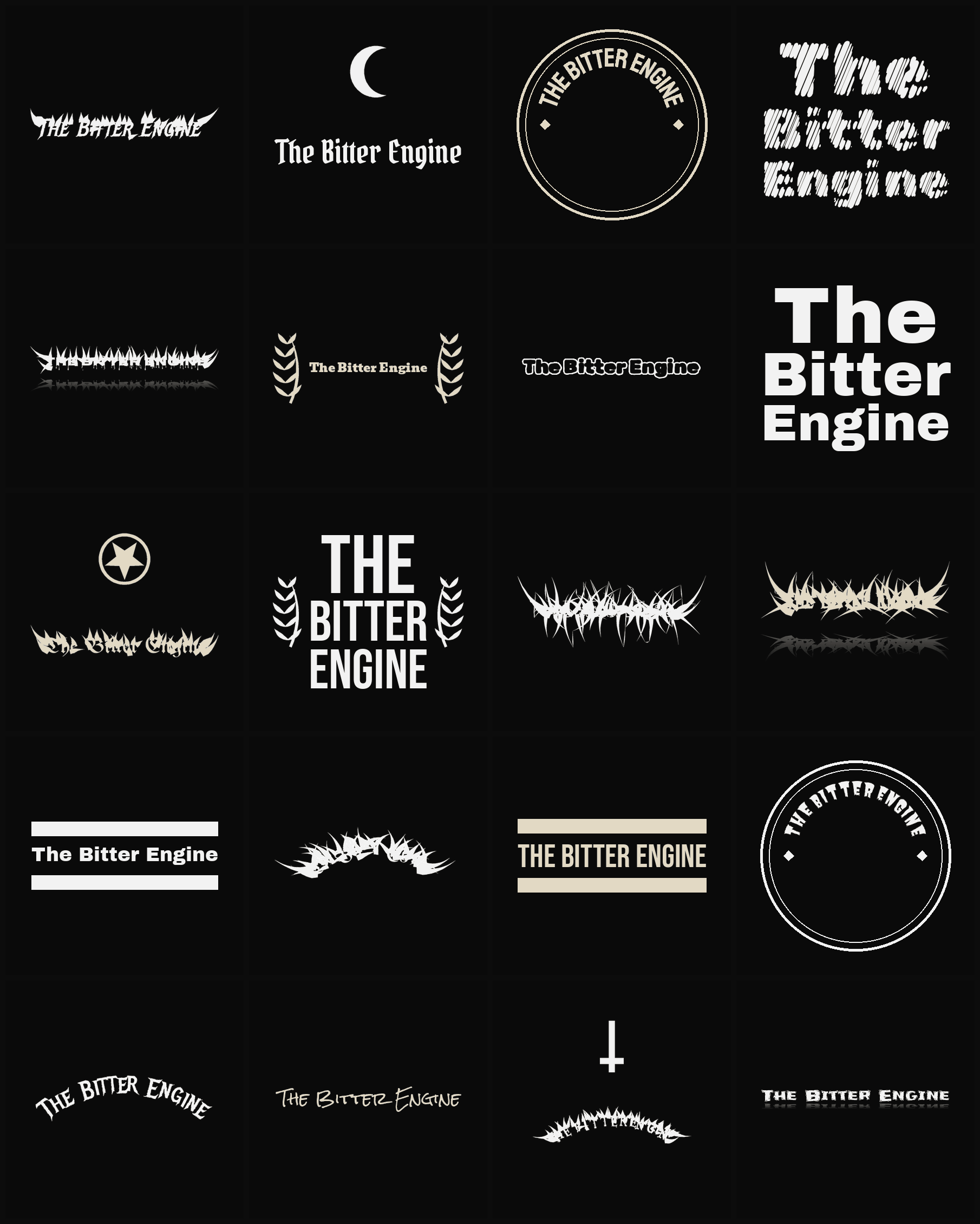 Twenty The Bitter Engine band logo ideas — different faces, treatments and spike settings