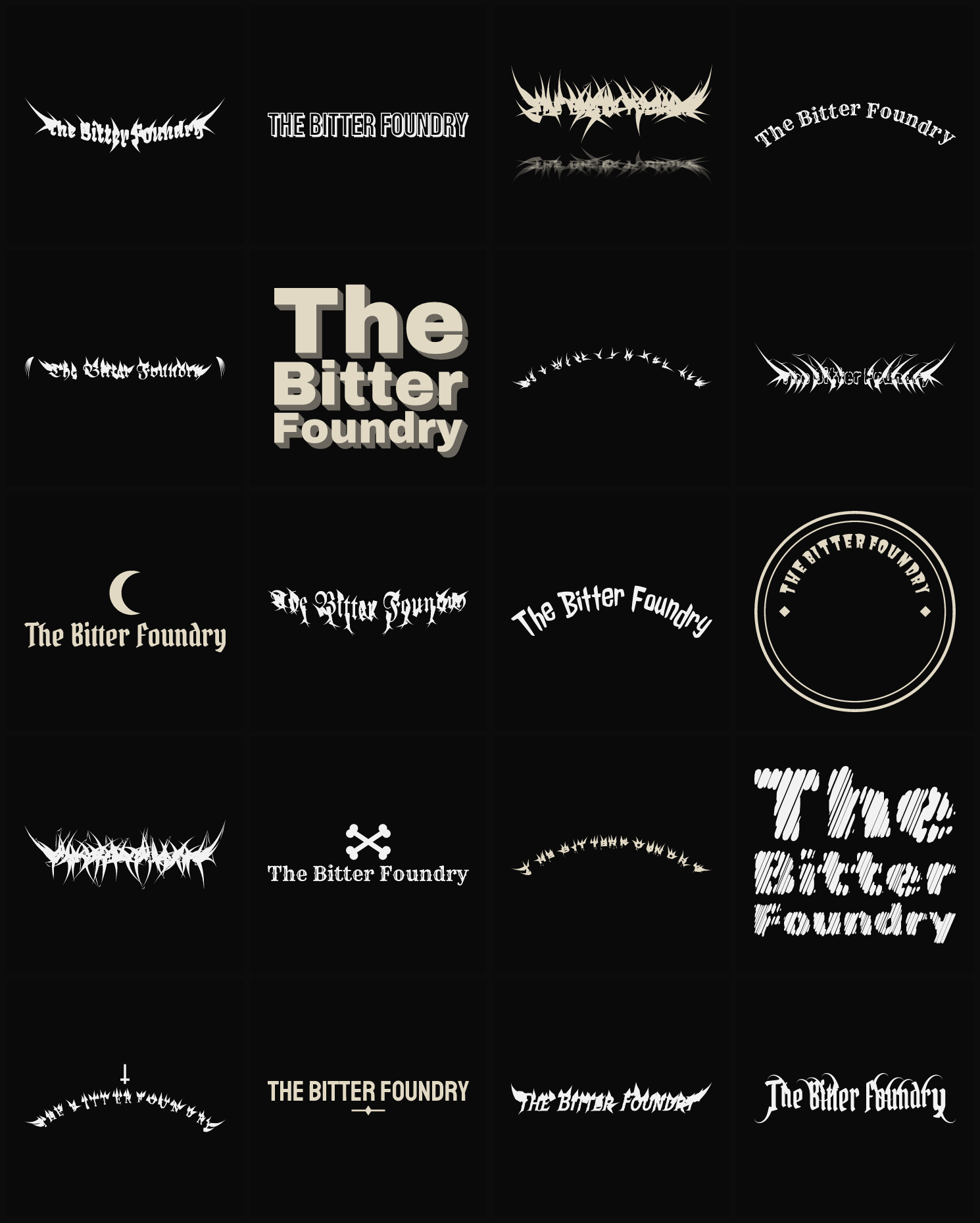 Twenty The Bitter Foundry band logo ideas — different faces, treatments and spike settings