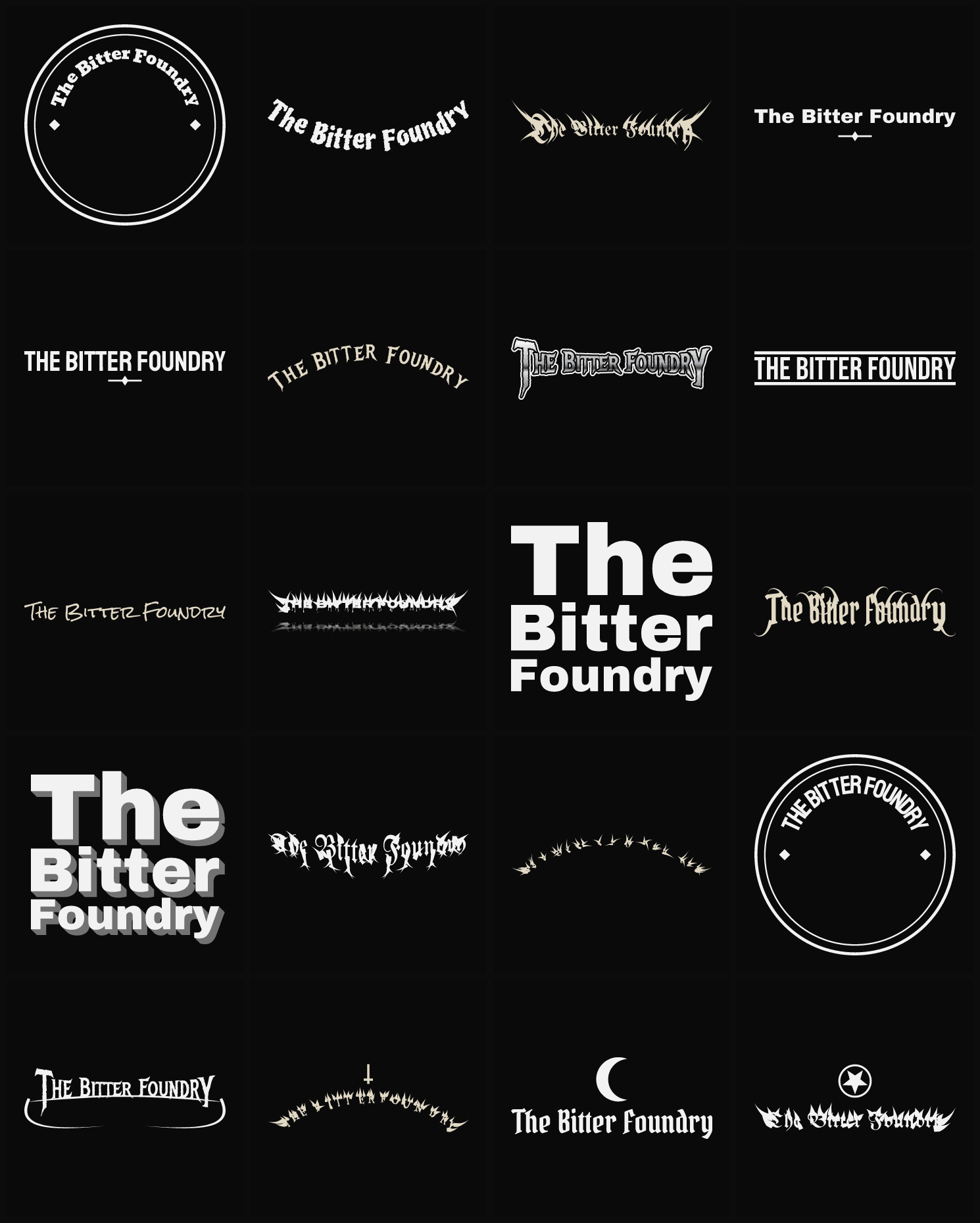 Twenty The Bitter Foundry band logo ideas — different faces, treatments and spike settings