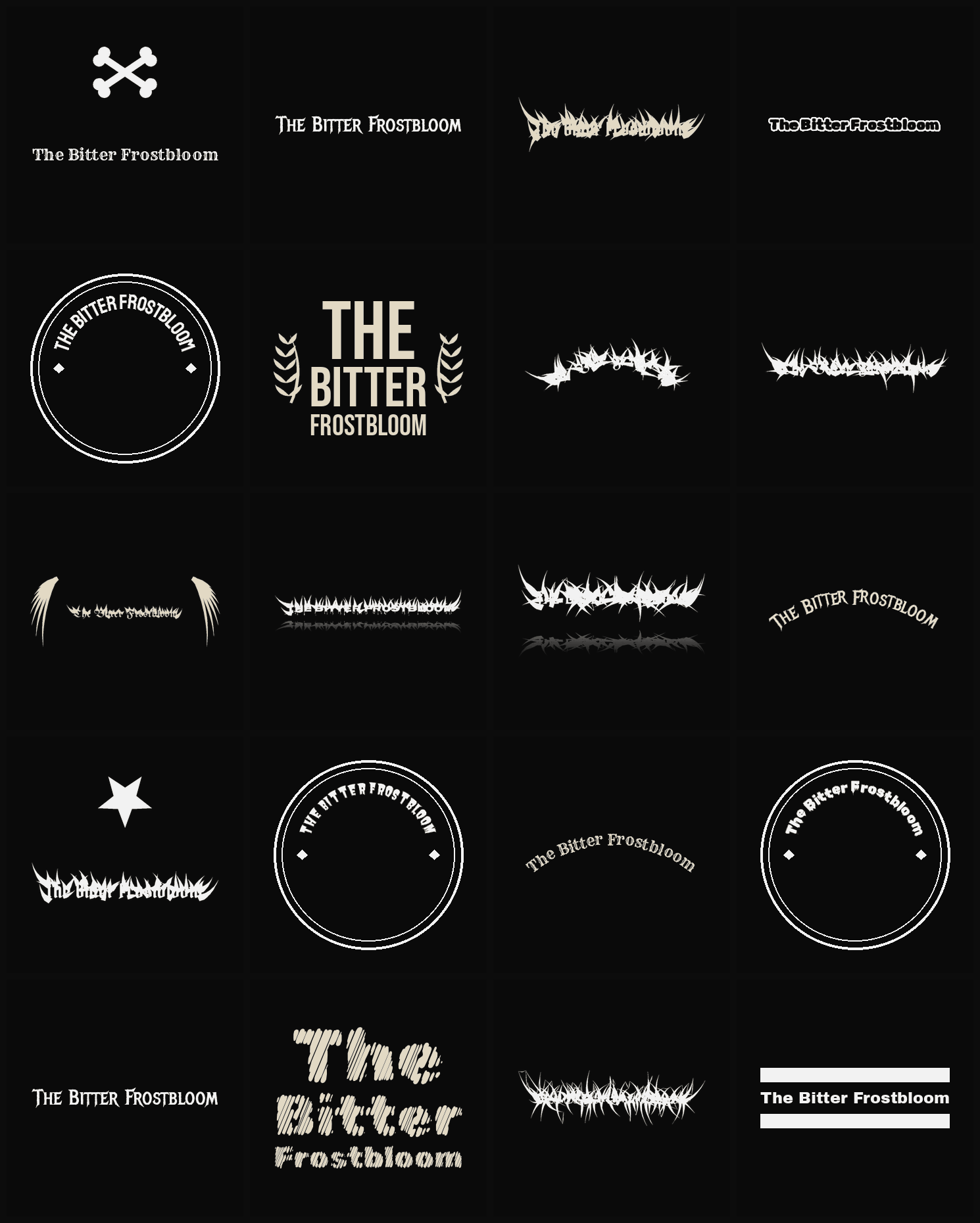 Twenty The Bitter Frostbloom band logo ideas — different faces, treatments and spike settings